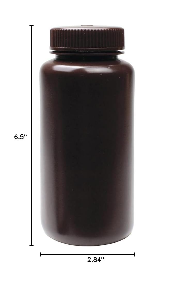 Amber HDPE Wide Mouth Reagent Bottles 16oz (500mL) - 12 Pack Chemical Sample Containers with Lids | Laboratory, Home Science Experiments, DIY Storage & Industrial Use