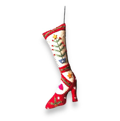 6.5 Inch Red High Heel Shoes with White Stockings & Tree Branch Design - Perfect for Christmas Photoshoots, Holiday Parties and Festive Fashion Outfits