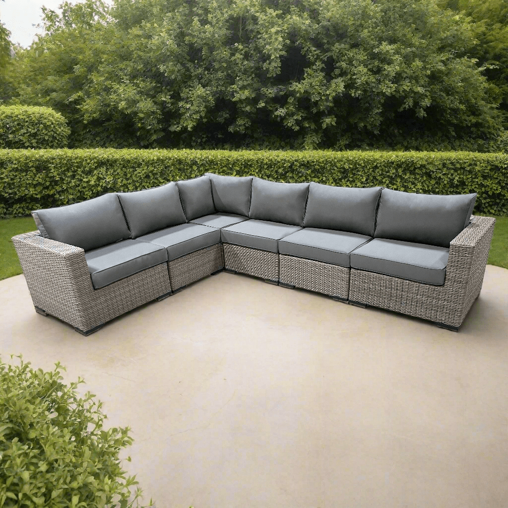 Riviera Outdoor Patio Wicker L-Shaped Sectional Sofa Set - Grey Weather-Resistant Wicker with Sunbrella Canvas Charcoal Cushions - Perfect for Backyard, Poolside & Patio Lounging