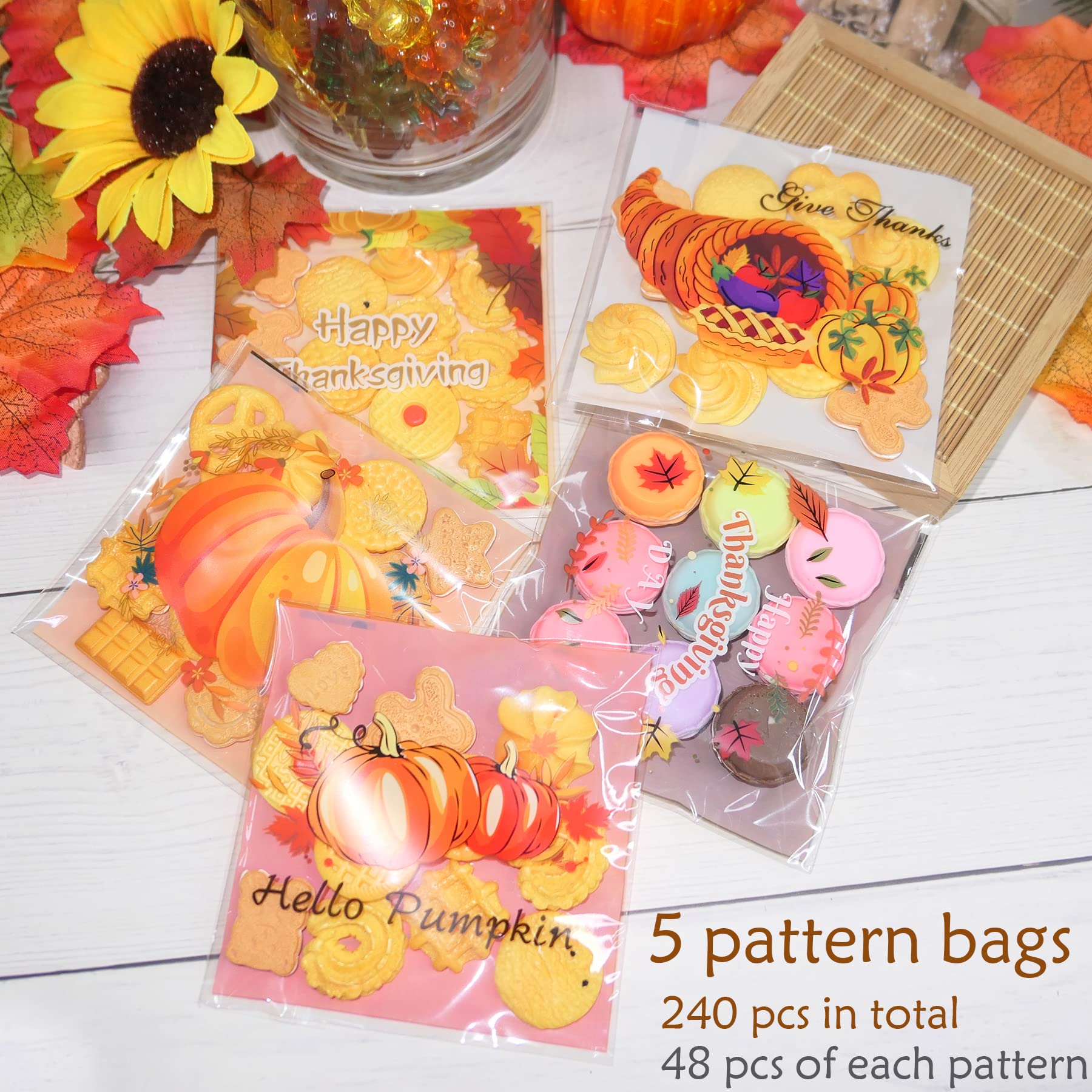 240 Pcs Thanksgiving Cookie Treat Bags - Small Self-Adhesive Cellophane Goody Bags with Pumpkin Design for Autumn & Thanksgiving Party Favors, Candy Packaging, Classroom Treats & Holiday Gift Giving
