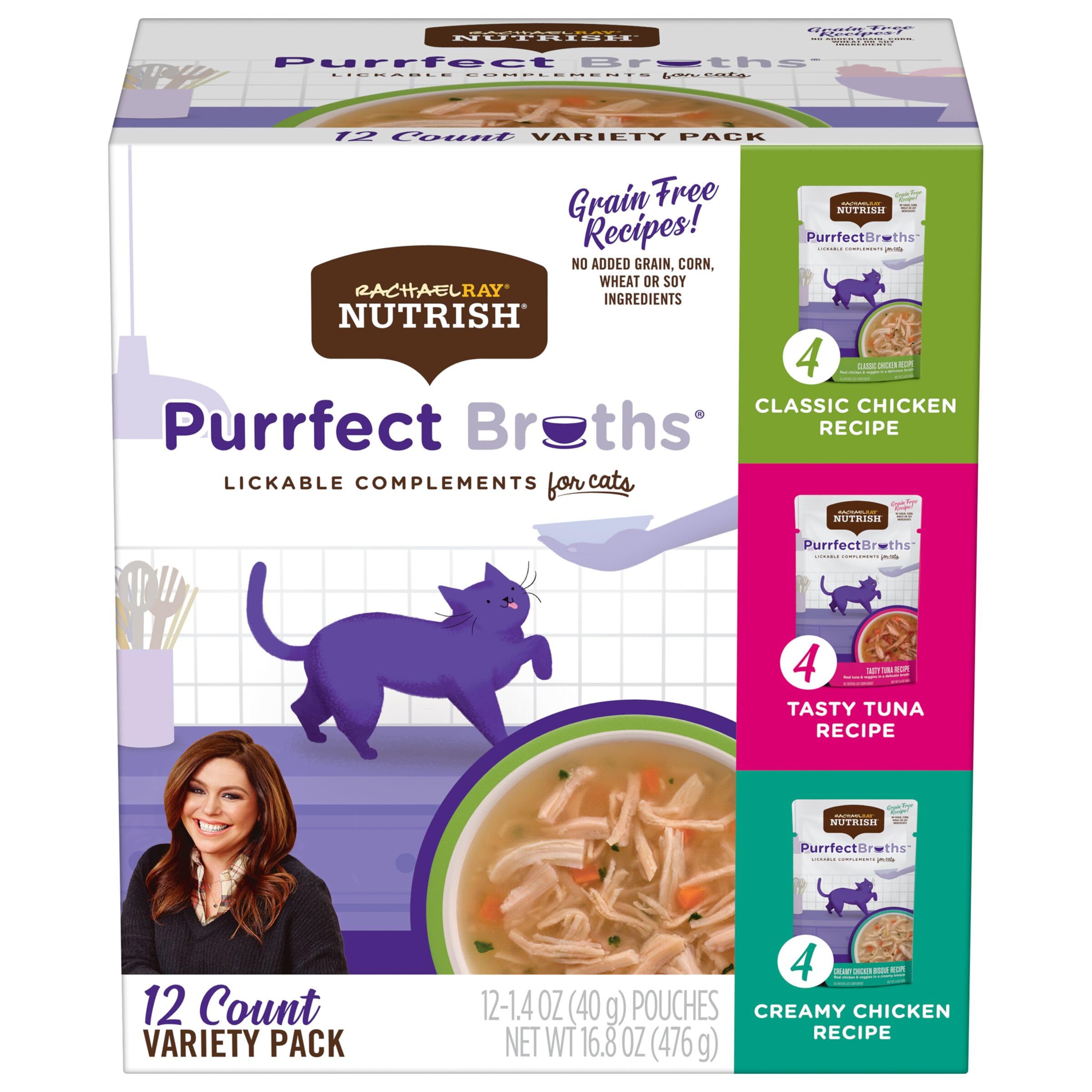Rachael Ray Nutrish Purrfect Broths Grain-Free Wet Cat Food Variety Pack - 24 Count (1.4 oz Pouches) | Delicious Liquid Treat for Hydration & Mealtime Topper | Perfect for Picky Eaters & Senior Cats