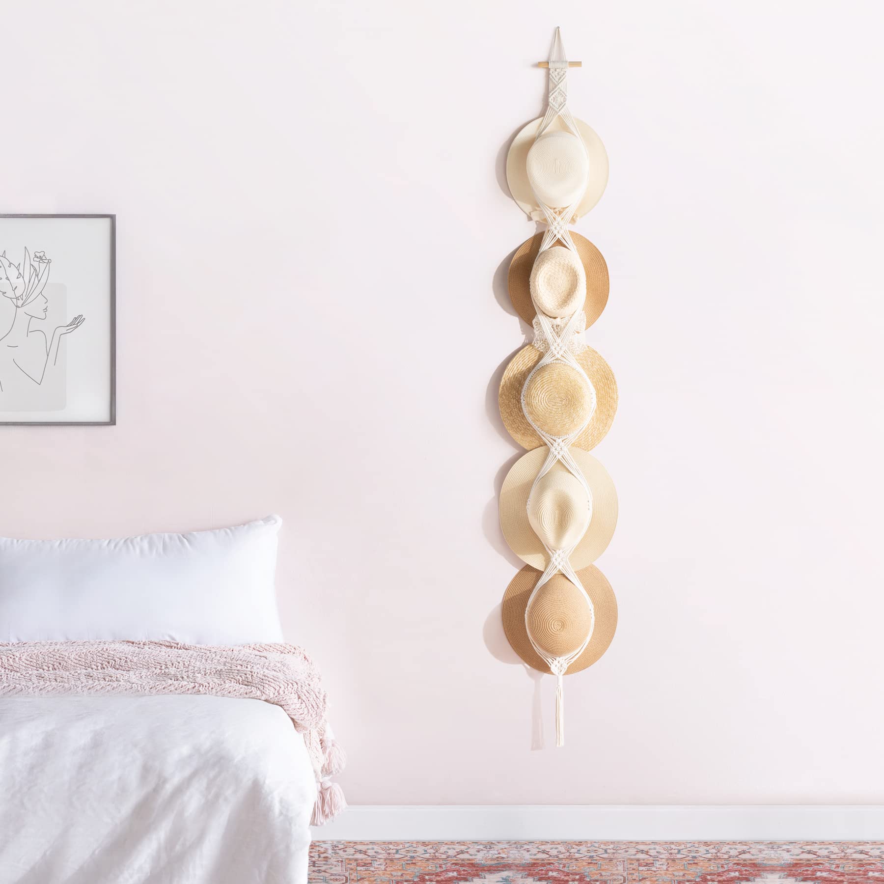 Dahey Macrame Wall Hat Hanger - Handwoven Cowboy Hat Organizer for Wide Brim, Fedora & Bowler Hats - Western Decor (5-Hook Style) - Perfect for Bedroom, Entryway & Western-Themed Home Decor