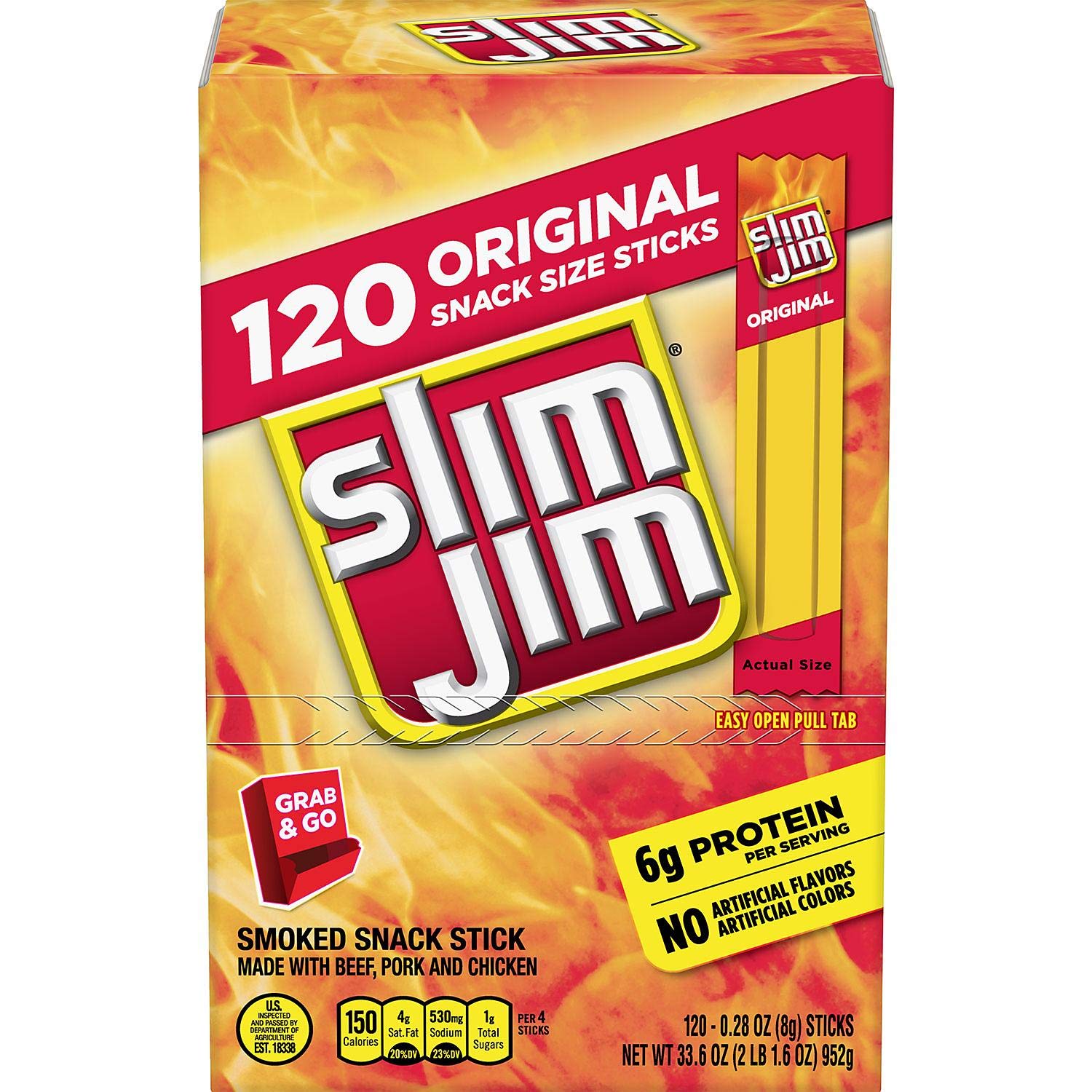Slim Jim Original Beef Snack Sticks - 120 Count (0.28 oz Each) | Bulk Protein Snacks for Office, Road Trips & Emergency Food Supply | Pack of 6 Boxes
