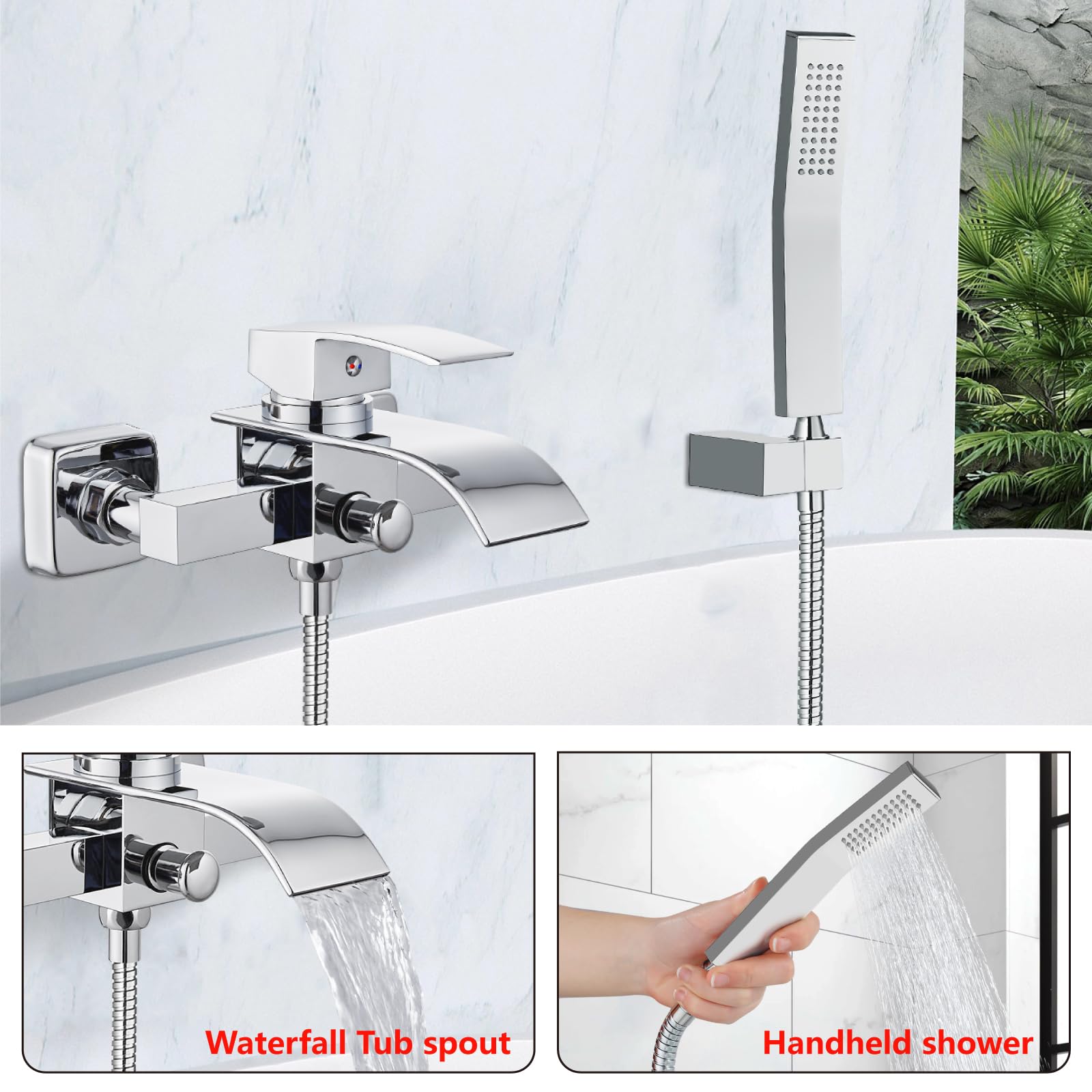 Midanya Wall Mount Bathtub Faucet with Handheld Shower - Waterfall Tub Filler Single Handle Bathroom Mixer Tap - Polish Chrome Finish - Perfect for Spa, Hotel & Luxury Home Bathrooms