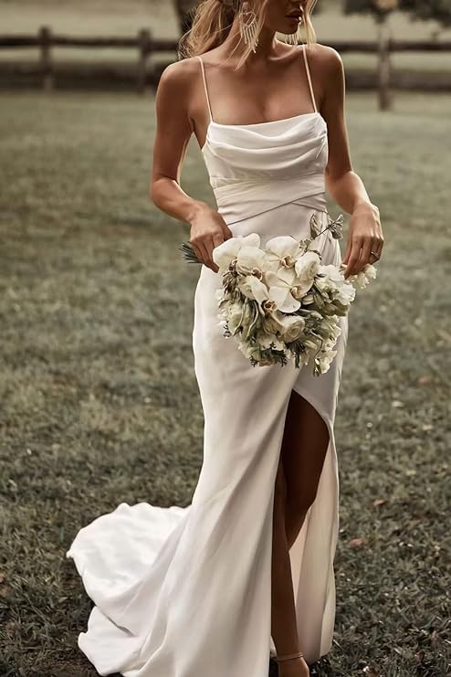 Elegant Boho Wedding Dresses for Women - Spaghetti Strap Mermaid Satin Beach Bridal Gown | Perfect for Beach Weddings, Destination Elopements & Boho-Chic Bridal Looks