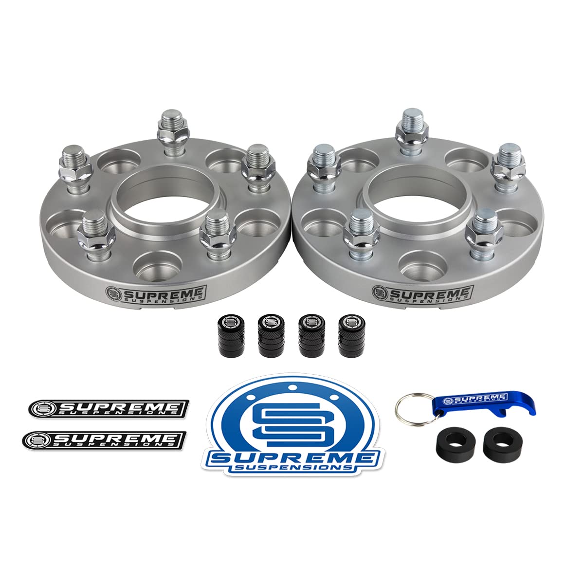 Supreme Suspensions - 2pc Silver 20mm Hub-Centric Wheel Spacers for Chevy Camaro, Malibu, Equinox - 5x120mm Bolt Pattern, M14x1.5 Studs, 66.9mm Center Bore - Includes Tire Valve Caps | Perfect for Enhanced Stance & Performance Upgrades