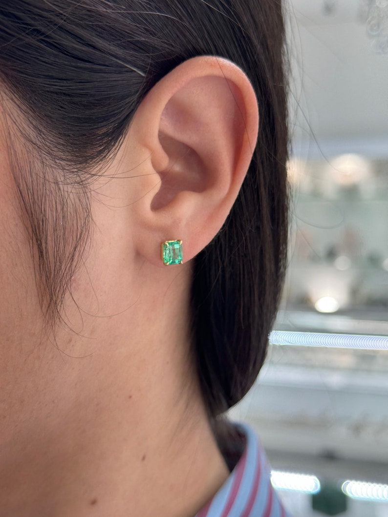 2.21tcw 18K Gold Vivid Green Emerald Cut Stud Earrings for Men & Women | Luxury Prong Set Gemstone Jewelry for Parties, Weddings & Special Occasions