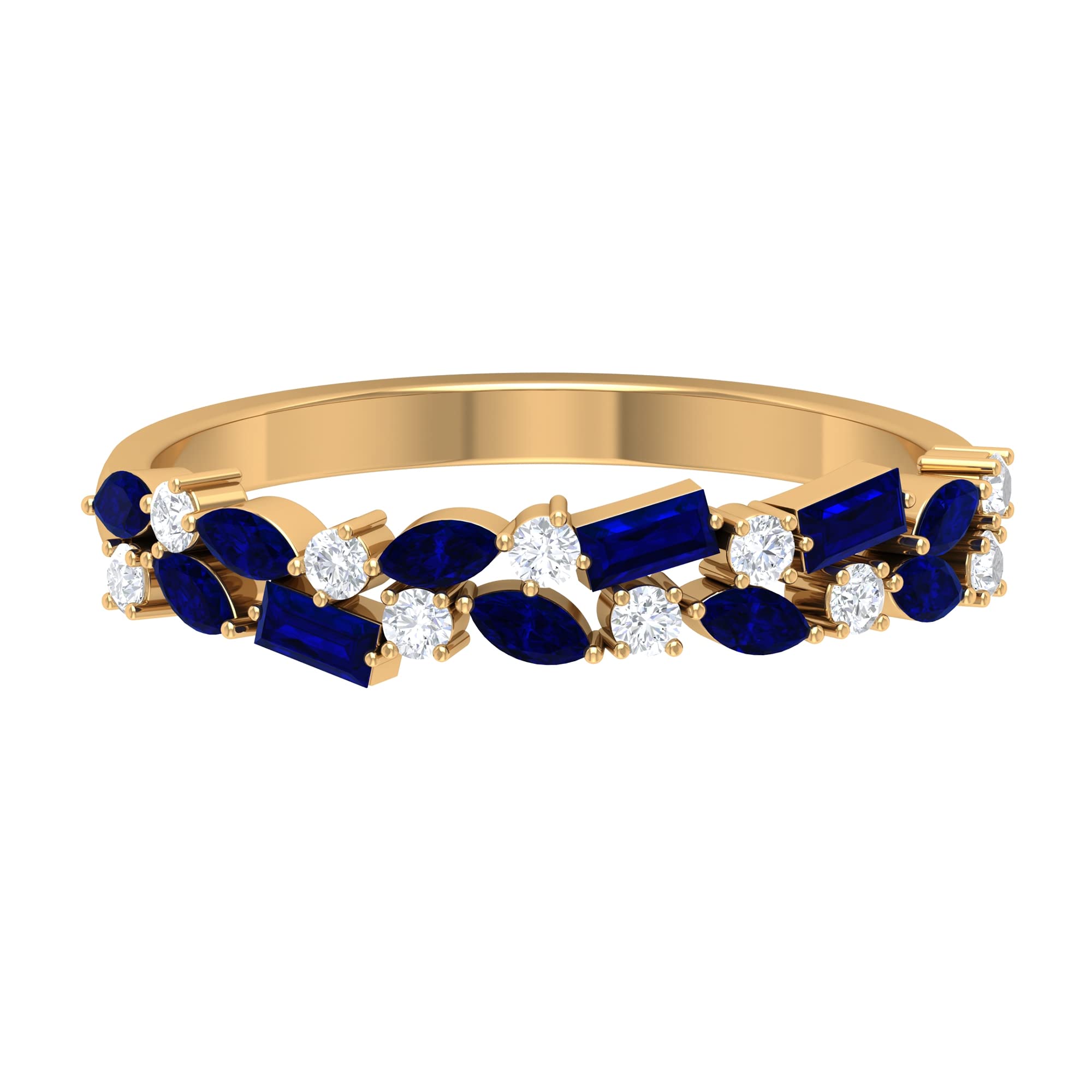3/4 CT Blue Sapphire and Diamond Half Eternity Ring - 14K Solid Gold Baguette & Marquise Cut Sapphire Semi Eternity Band for Anniversary, Engagement, or Gift | Elegant Jewelry for Women