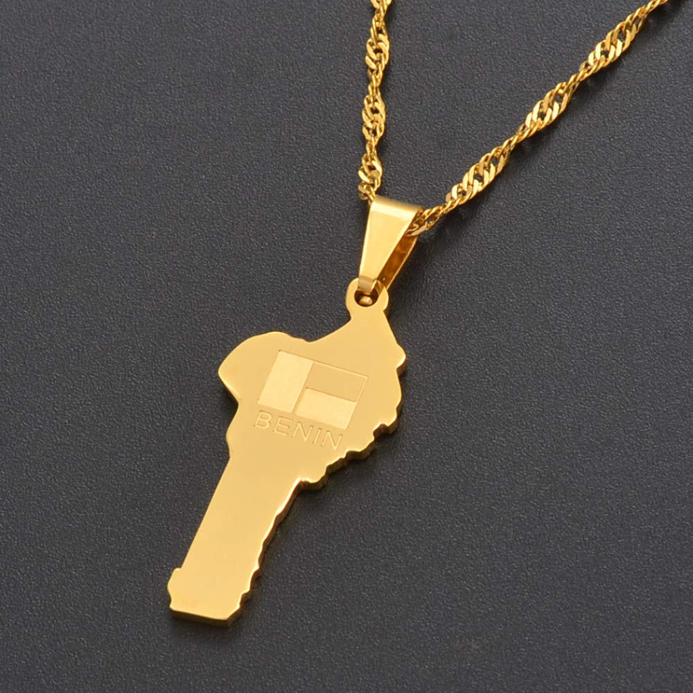 Benin Map & Flag Pendant Necklace for Women - Gold Stainless Steel Beninian Jewelry - Perfect for Cultural Pride, Gifts & Special Occasions