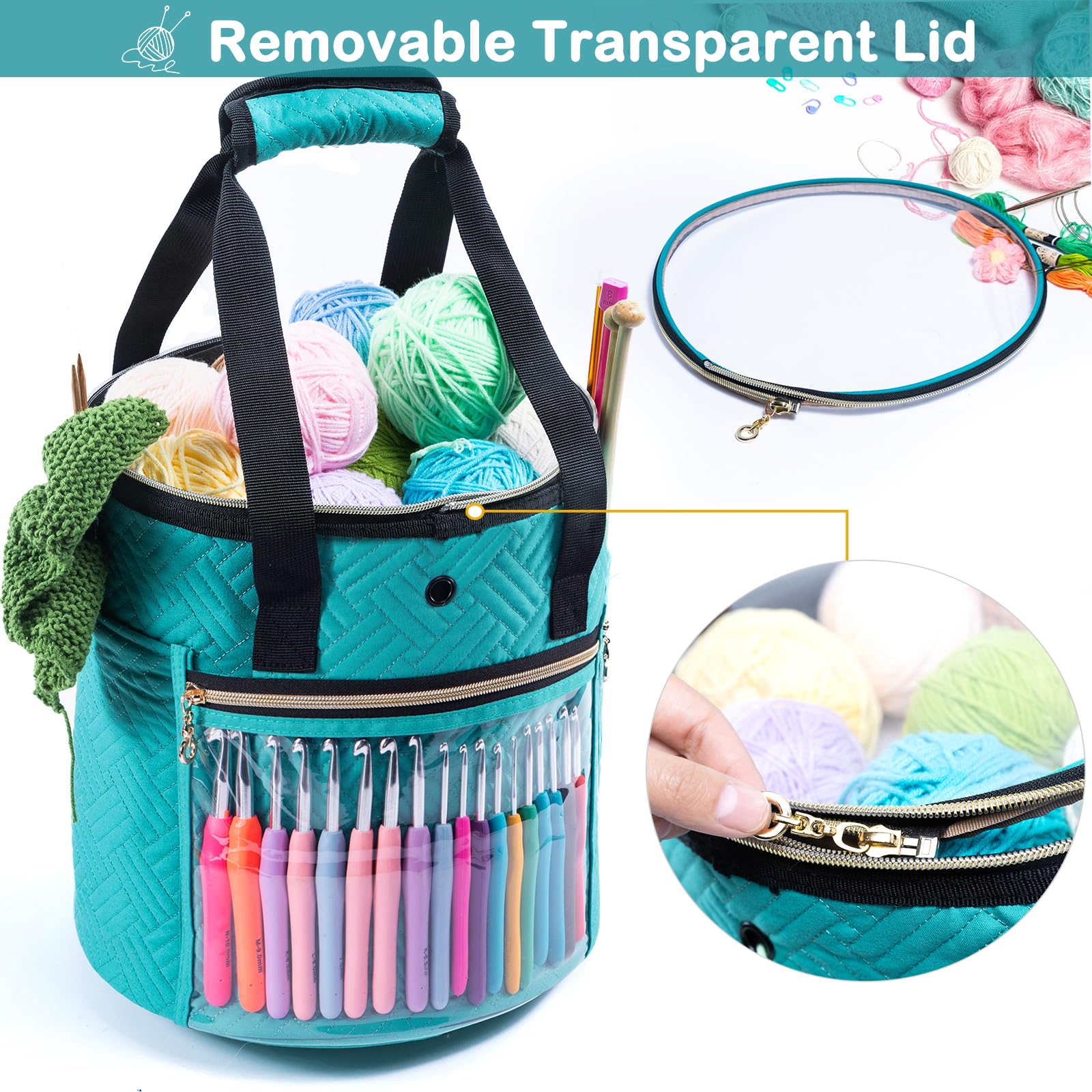 Yarn Storage Bag with Transparent Lid - Organize Crochet & Knitting Supplies, Perfect for Beginners - Portable Yarn Holder with Pockets for Hooks & Accessories | Ideal for Home, Travel & Crafting Projects