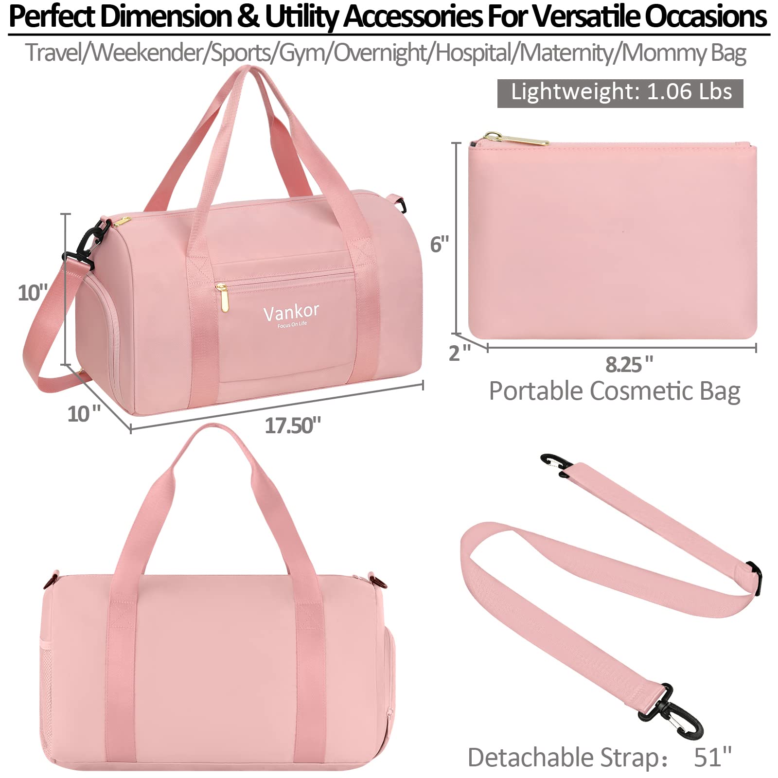 Women's Waterproof Gym Bag with Shoe Compartment - Medium Pink Sports Duffle Bag for Workout, Yoga, Travel & Fitness