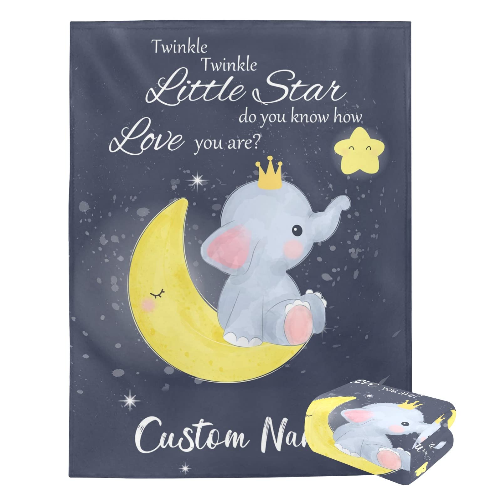 Personalized Baby Blanket with Name - Custom Twinkle Little Star Elephant Design for Boys & Girls | Soft Nursery, Stroller & Receiving Blanket | Perfect Baby Shower Gift for Newborns | Ideal for Cribs, Swaddling & Photo Props