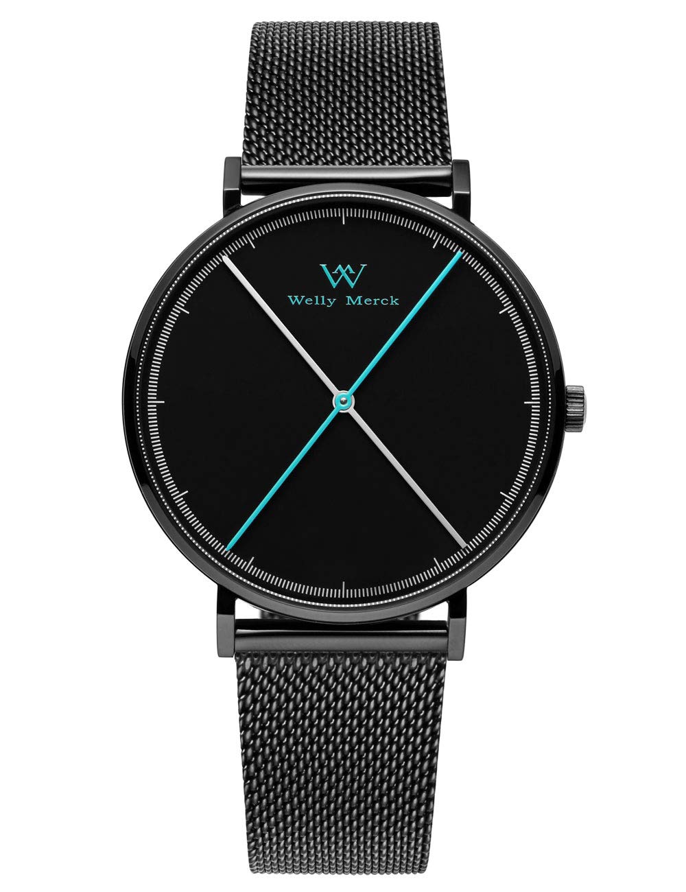 WM WELLY MERCK 42mm Stainless Steel Men's Black Minimalist Watch - Swiss Quartz Movement with Mesh Strap - Perfect for Business, Casual & Formal Occasions