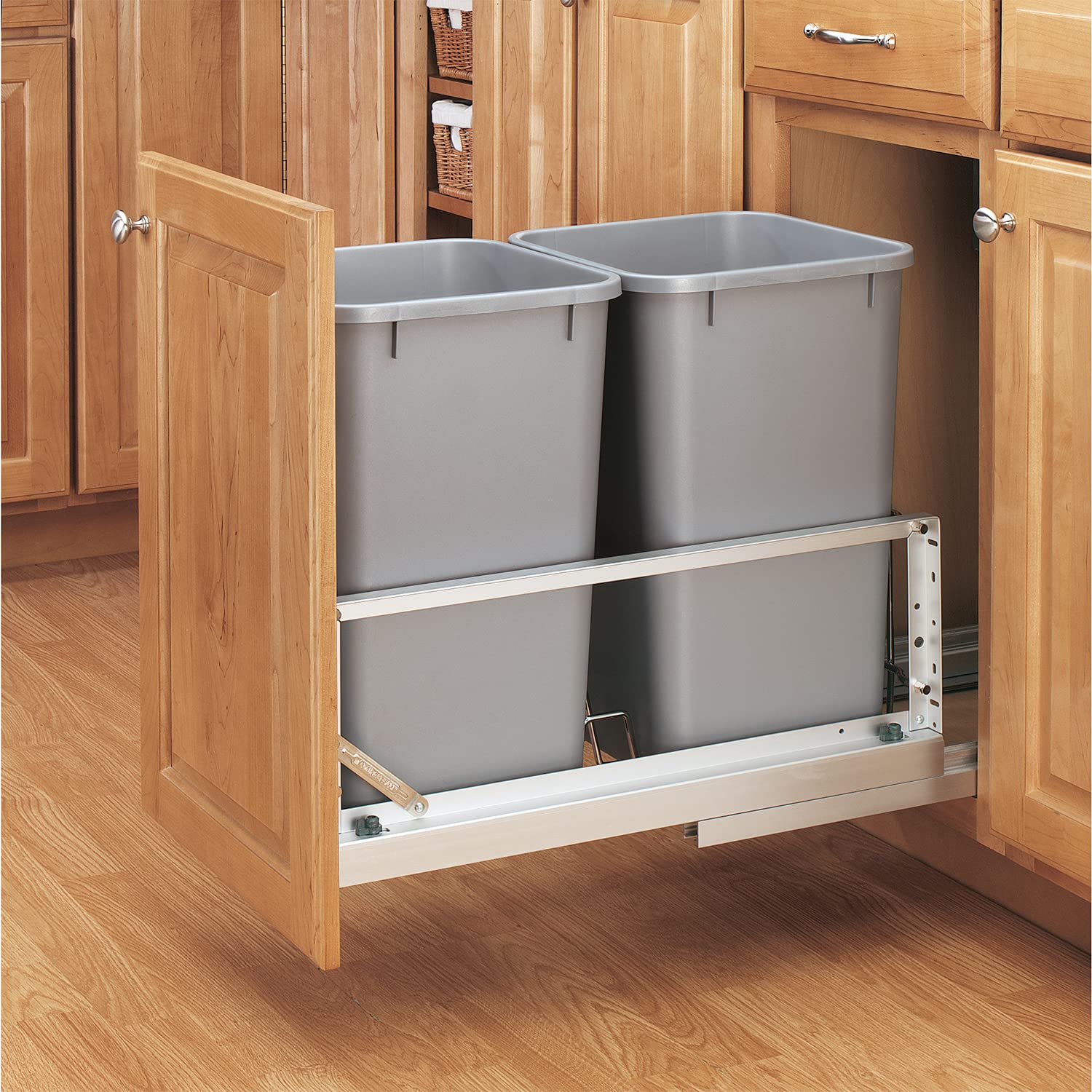 Rev-A-Shelf 27 Quart Pull-Out Trash Can - Dual Stainless Steel Waste Bins for Kitchen Cabinet Organization | Under Sink Storage Solution for Home & Office