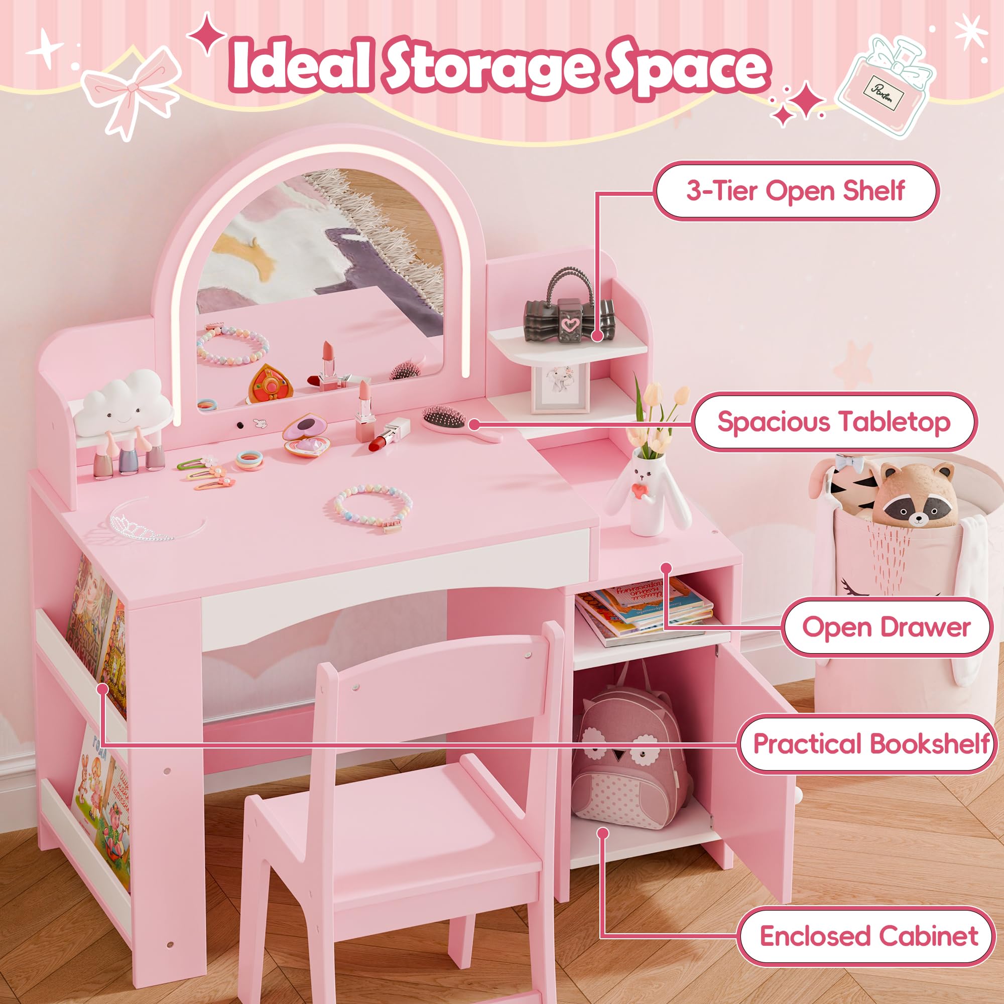 MU Kids Vanity with Lights - Princess Makeup Vanity Desk with Open Bookshelf, Storage Cabinet & Shelves | 2-in-1 Toddler Vanity Table & Chair Set with LED Mirror for Little Girls (Pink) | Perfect for Bedroom Decor, Birthday Gifts & Pretend Play