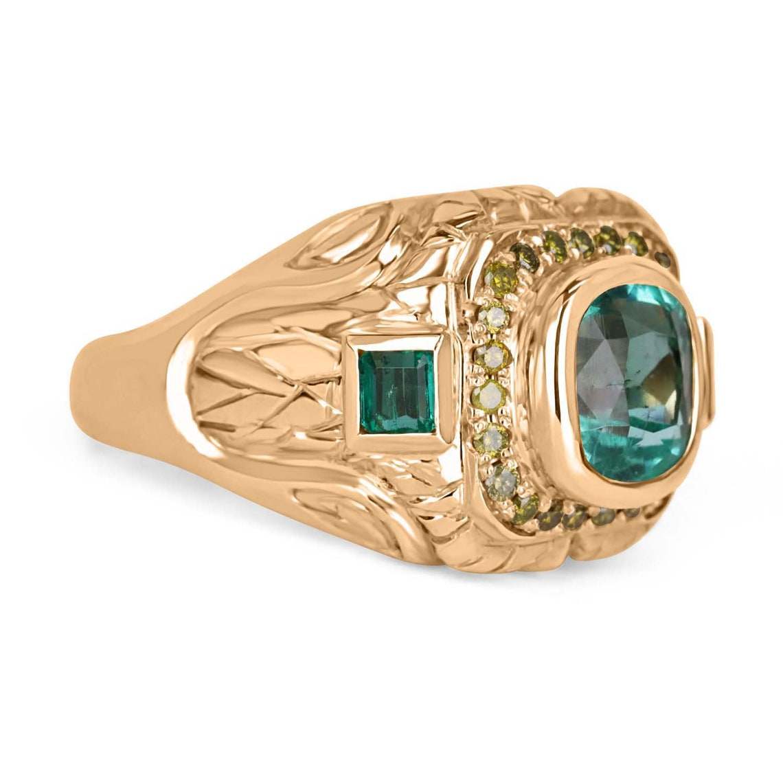4.18tcw 14K Gold Colombian Emerald Cushion Cut & Princess Cut Yellow Diamond Accent Men's Ring for Wedding, Engagement & Special Occasions