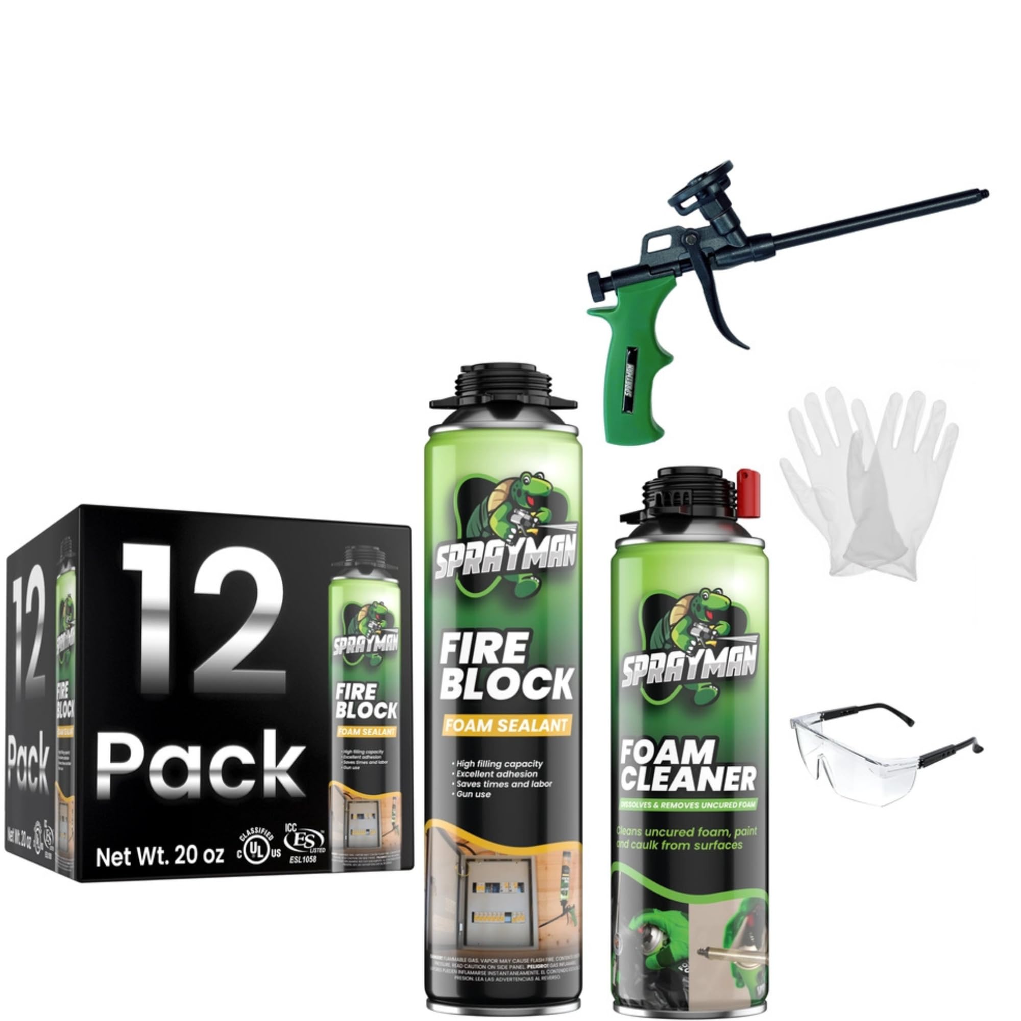 Professional Orange Fire Stop Expanding Spray Foam (12x20oz) - B2 Fire Rated Polyurethane Foam for Electrical Outlets & Water Pipes - Includes Spray Gun - 12 Pack - Ideal for Home Insulation, HVAC Sealing & Fireproofing Applications