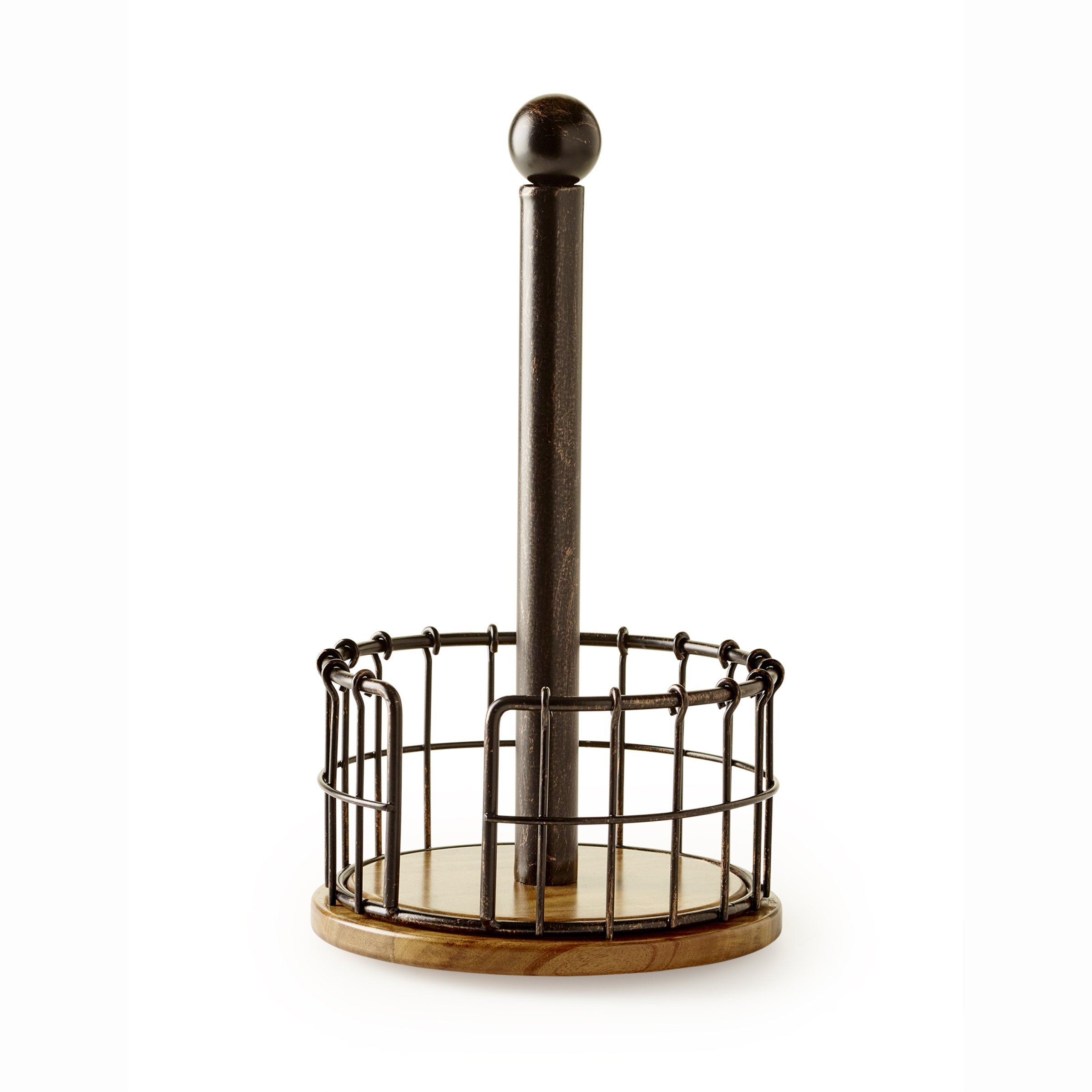 Pfaltzgraff Anvil 13.25-Inch Antique Black Wire & Acacia Wood Paper Towel Holder - Rustic Kitchen Decor for Countertop, Farmhouse & Modern Homes