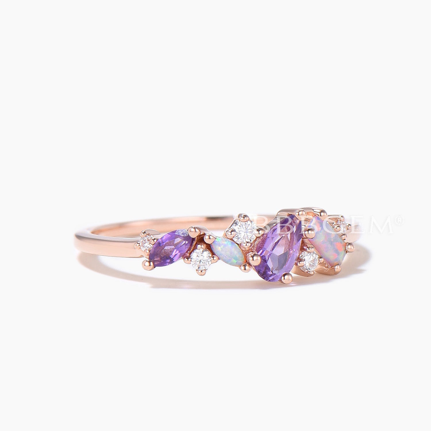 Vintage Pear Amethyst Wedding Ring - Rose Gold Opal Moissanite Cluster Engagement Band with Mixed Stones, Promise & Family Birthstone Jewelry | Perfect for Anniversaries, Bridal Sets & Special Occasions