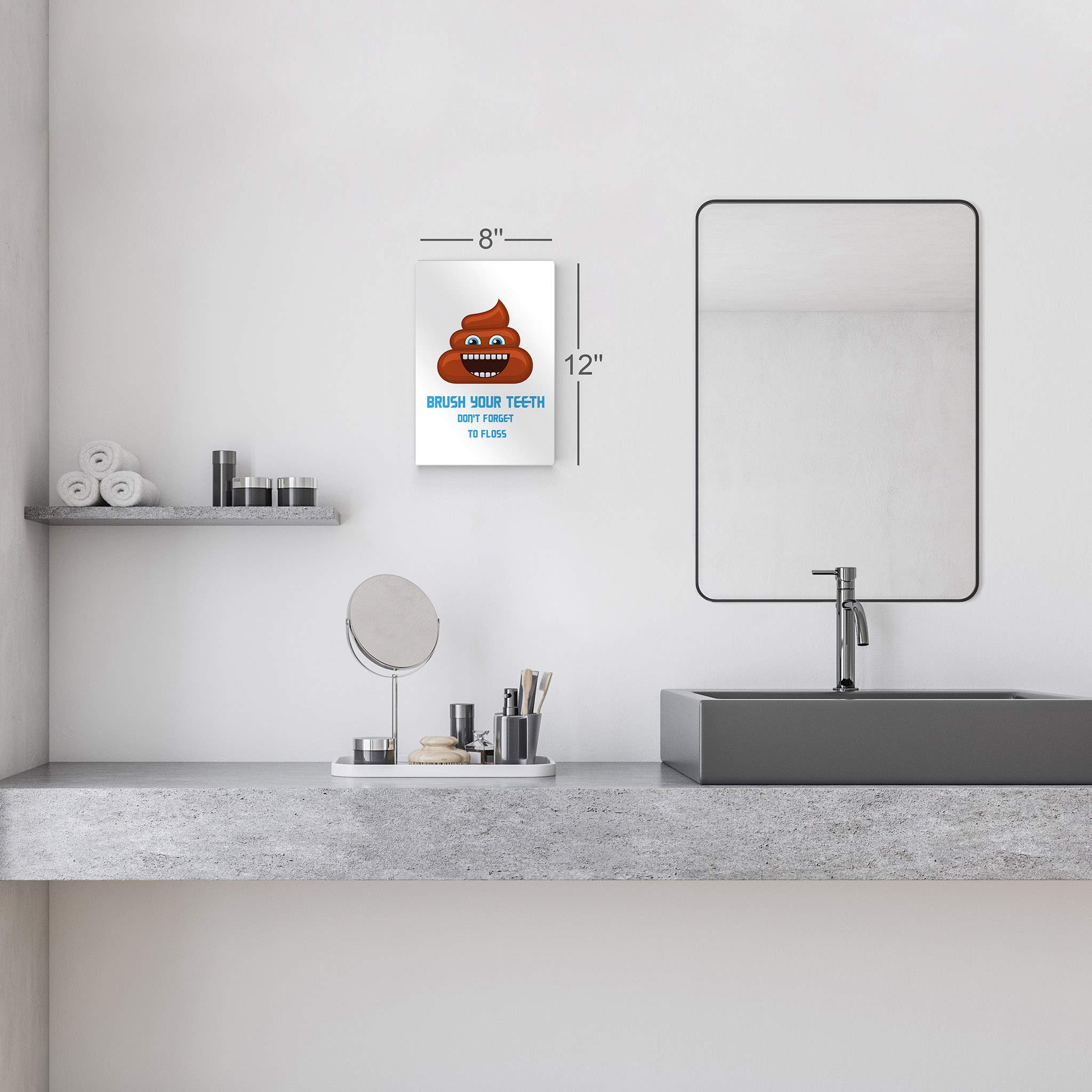 Funny Bathroom Wall Art - 'Brush Your Teeth & Don't Forget to Floss' Metal Print Sign | Kids Bathroom Decor | Ready to Hang 40x30 | Made in USA | Perfect for Bathrooms, Toilets & Kids' Rooms