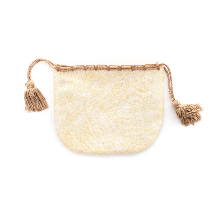 Nishijin Ori Small Drawstring Bag - Crumpled Gold & White Pattern - Handmade Kyoto Japan - Traditional Japanese Craft Purse for Coins, Jewelry & Gift Giving