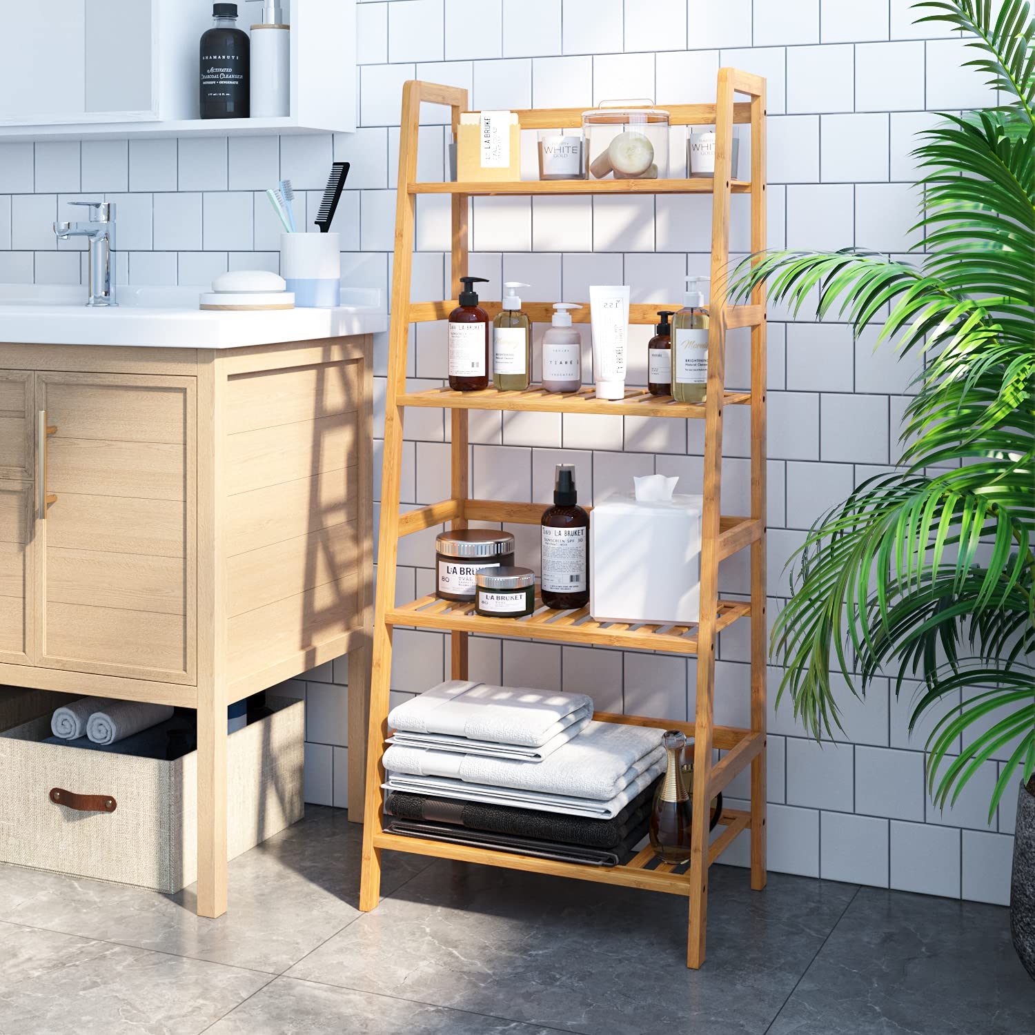 4-Tier Bamboo Bookcase - Multifunctional Bathroom Ladder Shelf for Plants, Flowers & Storage | Natural Wood Display Organizer for Home, Office & Garden Decor
