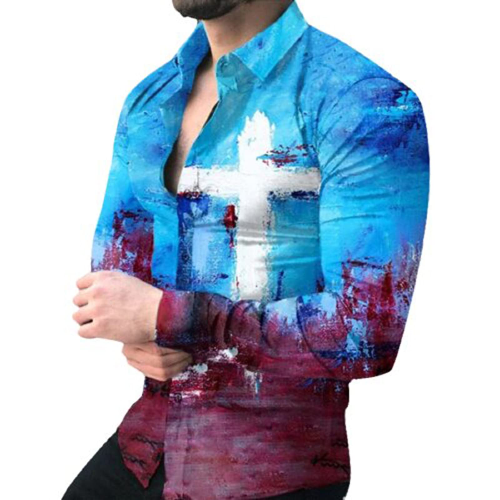 2022 Men's Plus Size Button Down Shirts - Contrasting Printed Lapel Casual Light Shirt Jacket for Work, Dating & Outdoor Activities