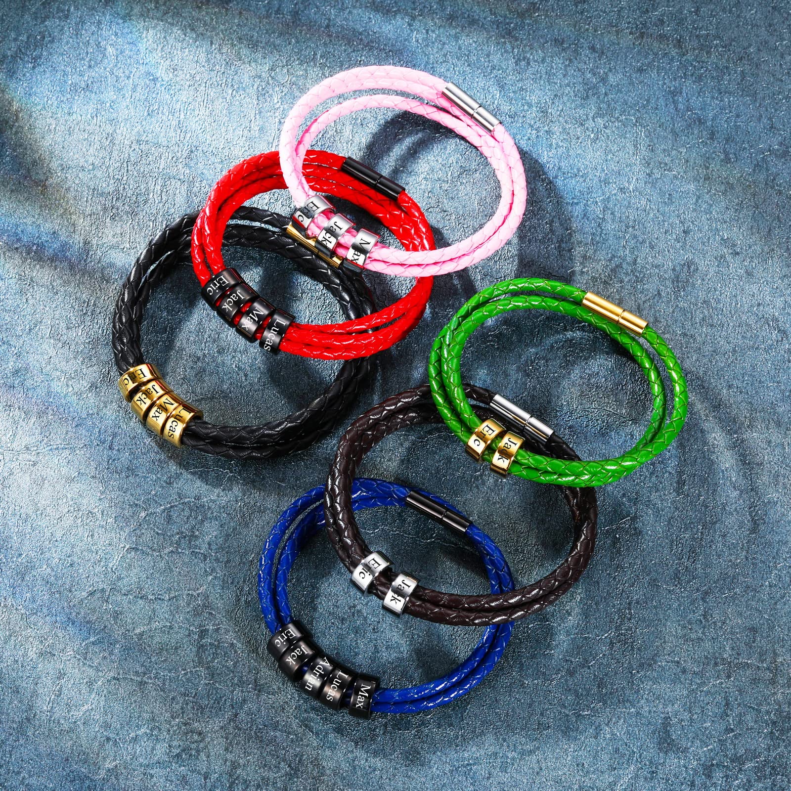 Custom Engraved Leather Braided Bracelet for Men with 2-6 Name Beads - Personalized Gift for Boyfriend, Husband, Women - Trendy Rope Bracelet Jewelry for Casual Wear, Date Night & Special Occasions