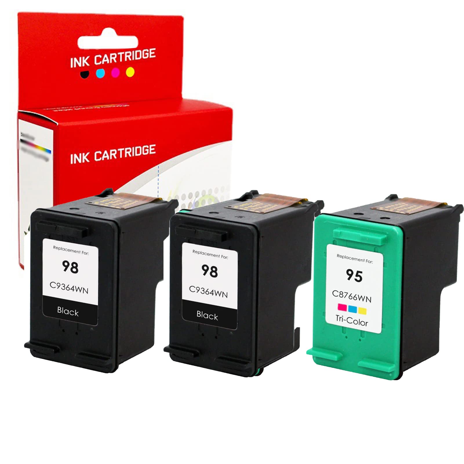 HP 95 98 Compatible Ink Cartridges for DESIGNJET 5940 5940XI, OFFICEJET 100 150 Mobile, PHOTOSMART 2570 2575 Printers - 2 Black & 1 Tri-Color Pack - High-Quality Replacement Ink for Home & Office Printing