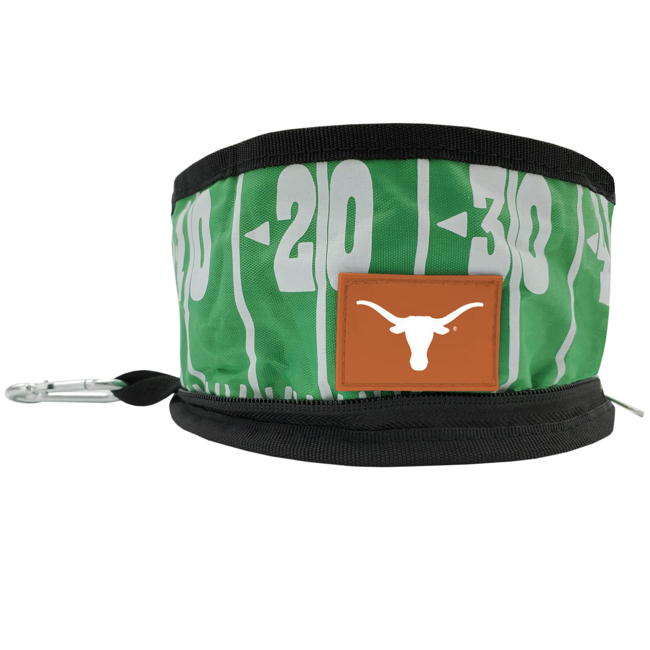 Texas Longhorns NCAA Collapsible Dog Travel Bowl - Portable Leak-Proof Pet Food & Water Dish for Dogs & Cats - Lightweight Football Field Design for Camping, Hiking & Road Trips