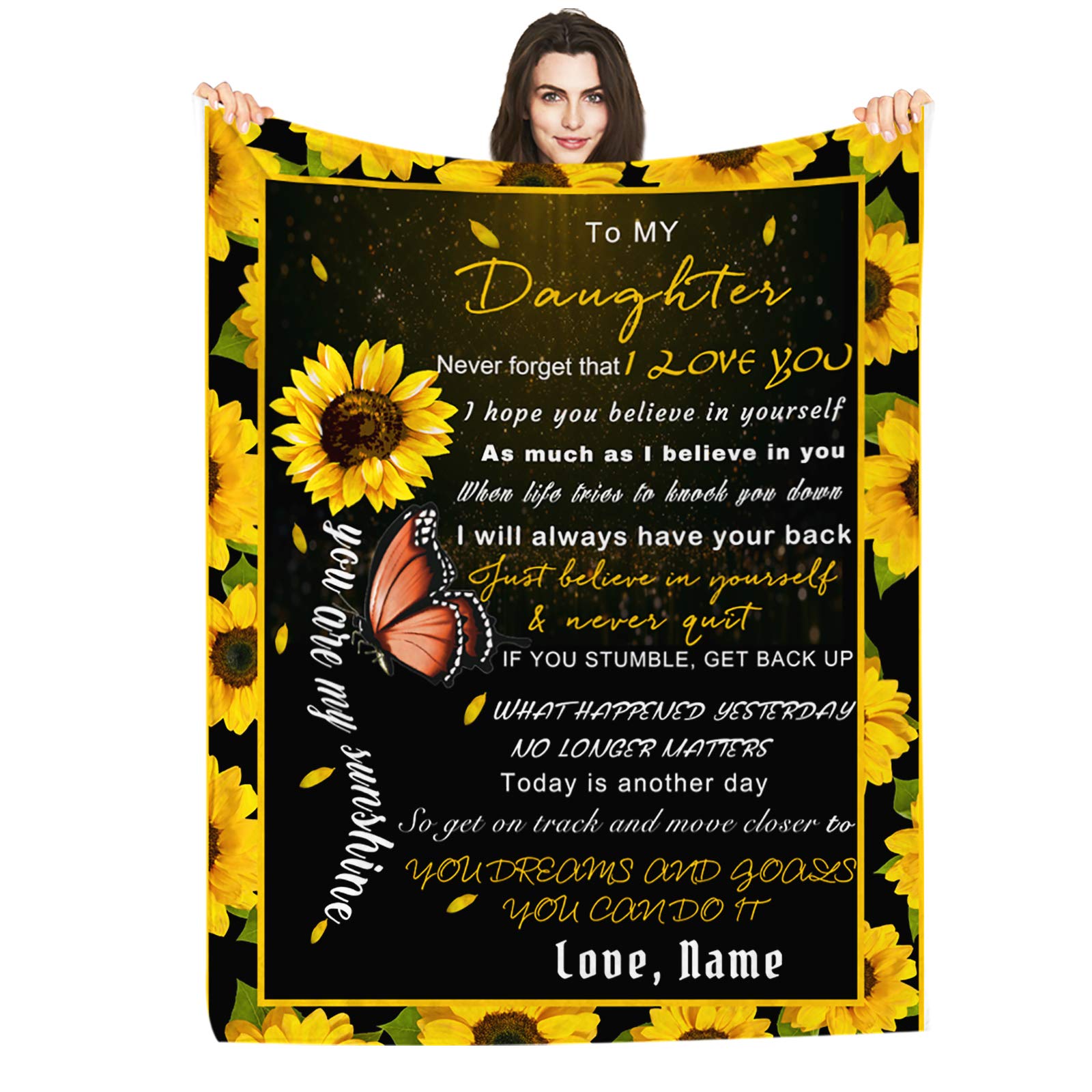 Personalized Custom Name Blanket - Love Letter to My Daughter from Dad & Mom - Butterfly Sunflower Design - 40x50 Inches Soft Fleece Throw Blanket - Perfect for Bed, Couch, Nursery & Gift Giving
