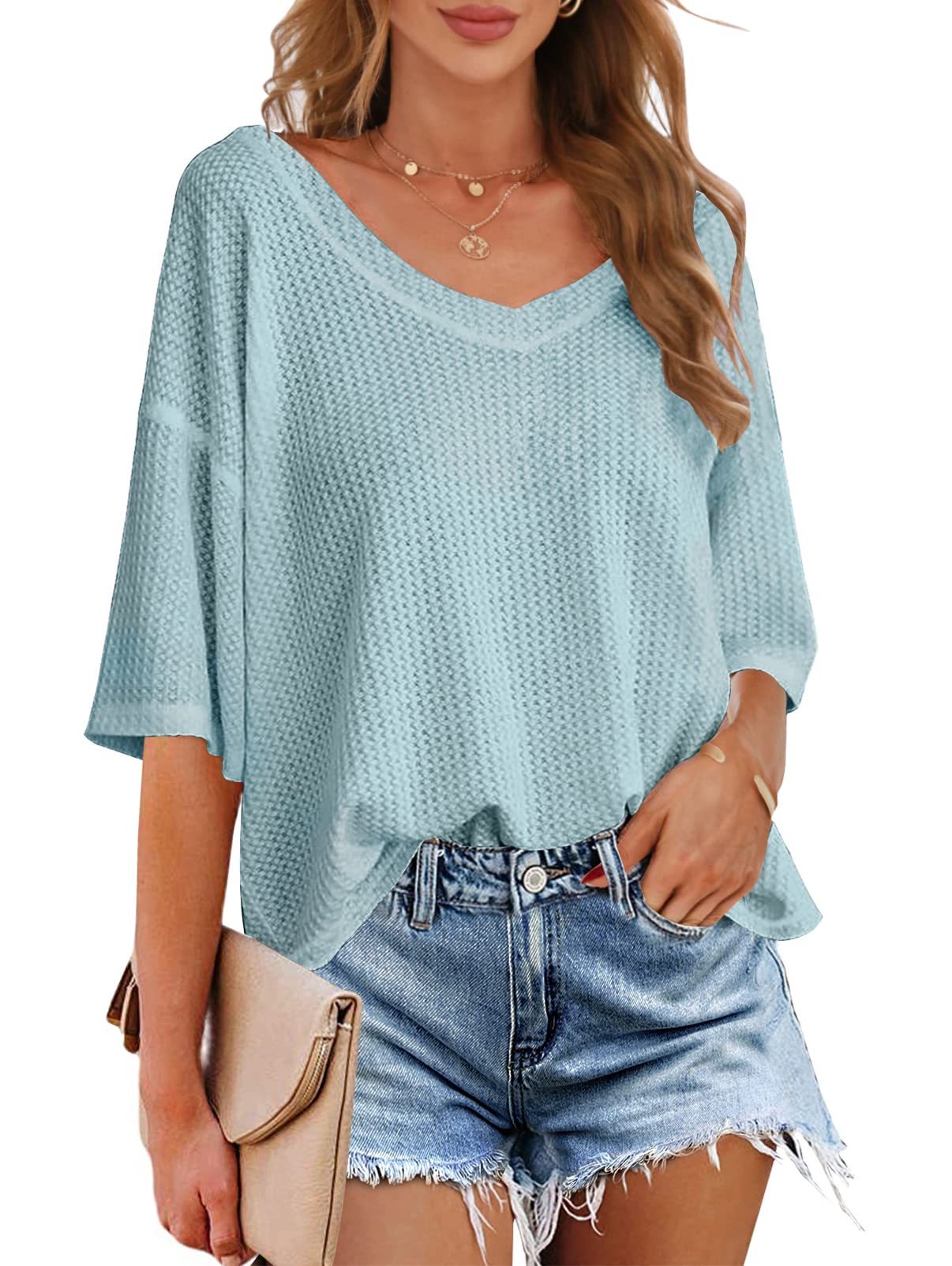 MEROKEETY Women's V Neck Batwing Half Sleeve Waffle Knit Blouse - Soft Loose Fit Solid Color Tops for Casual Wear, Office & Date Night Outfits