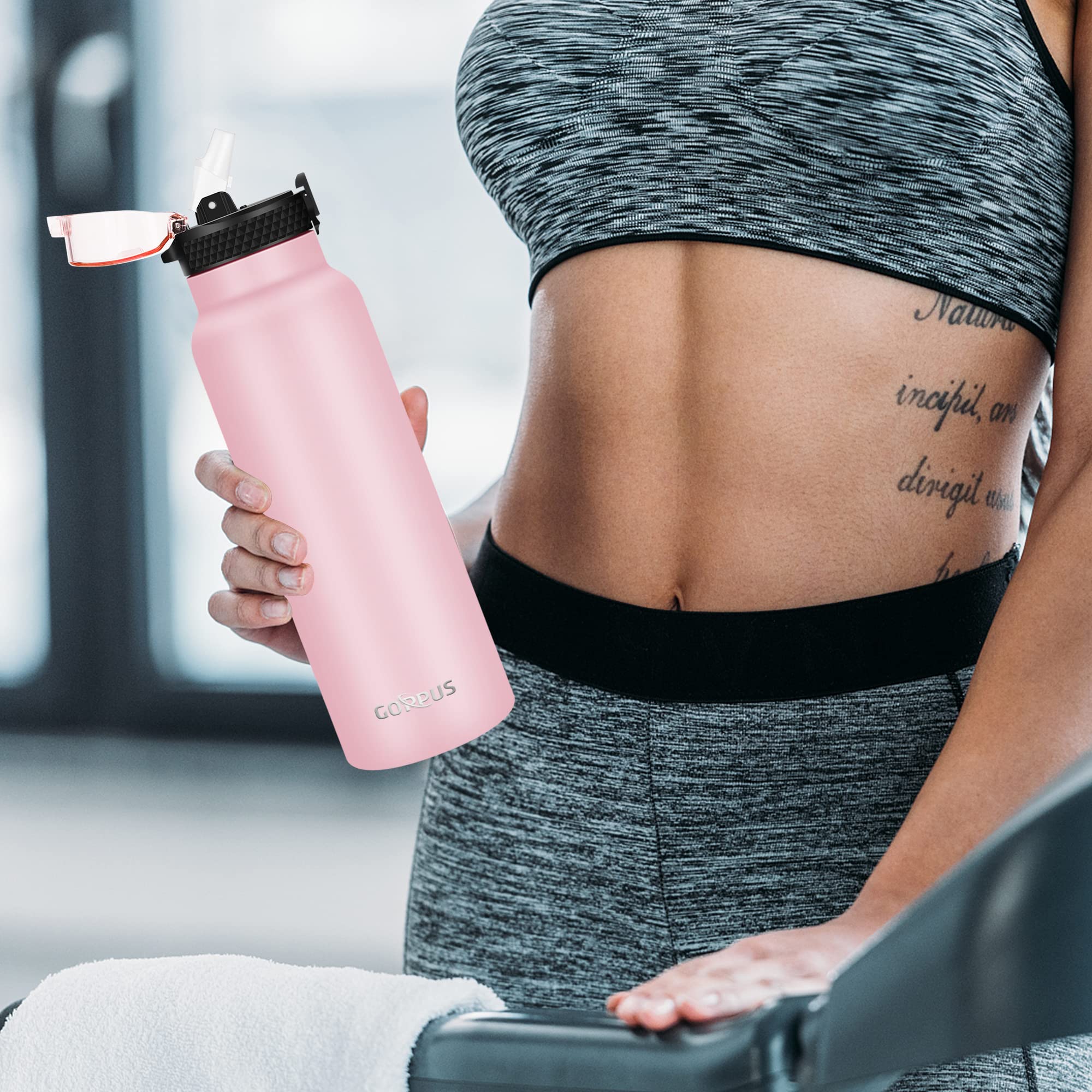 GOPPUS 750ml/26oz Stainless Steel Water Bottle with Straw - Double Wall Vacuum Insulated, Leakproof, BPA Free - Keeps Drinks Cold/Hot for 24 Hours - Comes with Strap & Flip Top Lid - Perfect for Gym, Hiking, Office & Outdoor Activities (Men & Women)