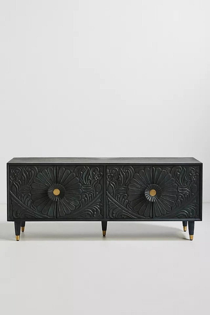 Hand Carved Gulliver Media Console - Solid Wood TV Stand in Indigo Blue | Traditional Indian Furniture for Living Room & Home Theater Setup