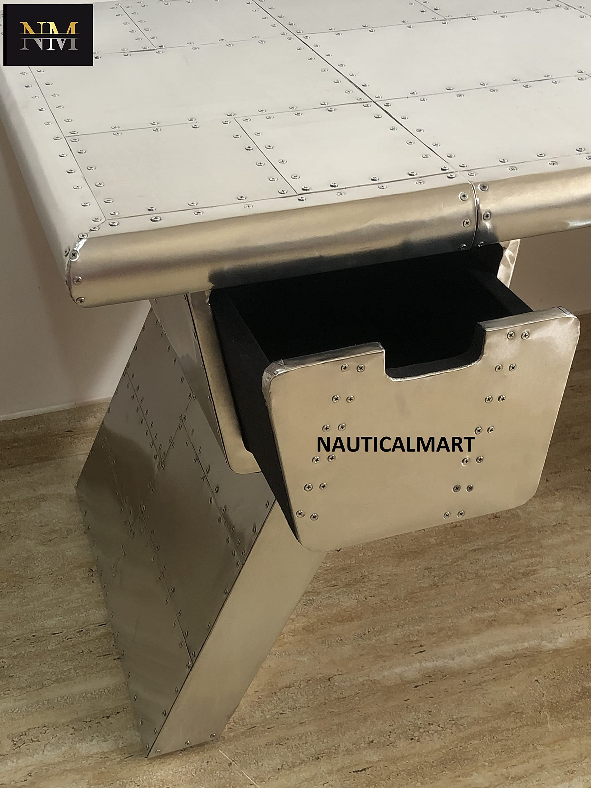 NauticalMart Large Aviator Executive Desk with Drawer Shelving - 68 Inch Aircraft Wing Design Office Desk for Home & Business Workspaces - Perfect for Modern Offices, Study Rooms and Executive Suites