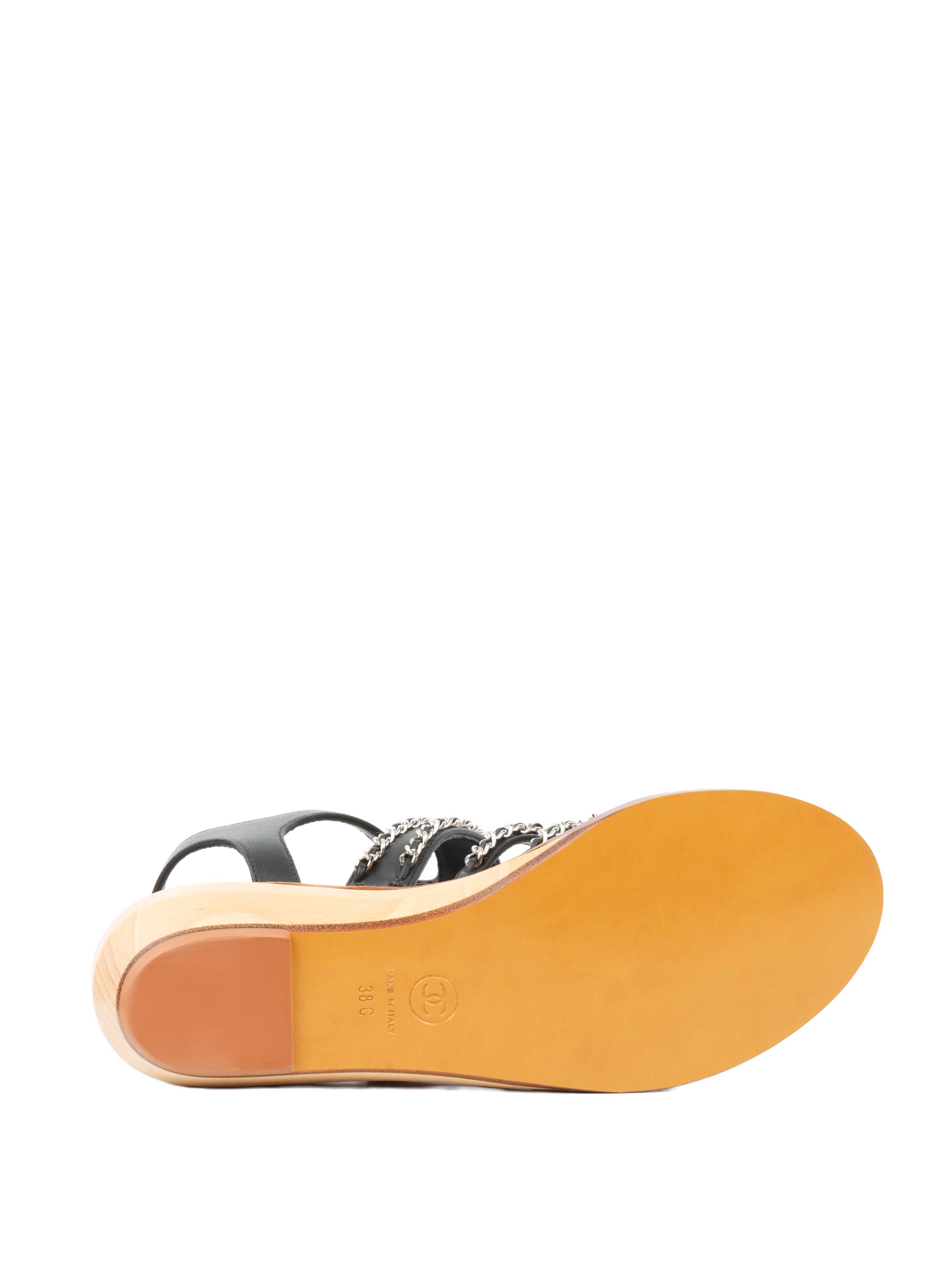 Chanel Women's Wooden Wedge Chain Sandals Size 38 - Luxury Designer Summer Sandals for Beach, Vacation & Casual Outfits