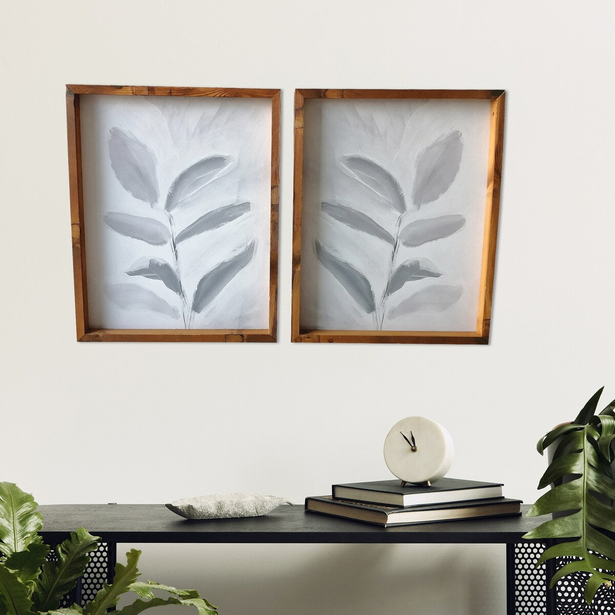 Abstract Blue Leaves 2 Piece Framed Canvas Wall Art Set - Handmade Pine Wood Painting for Living Room, Bedroom & Office Decor