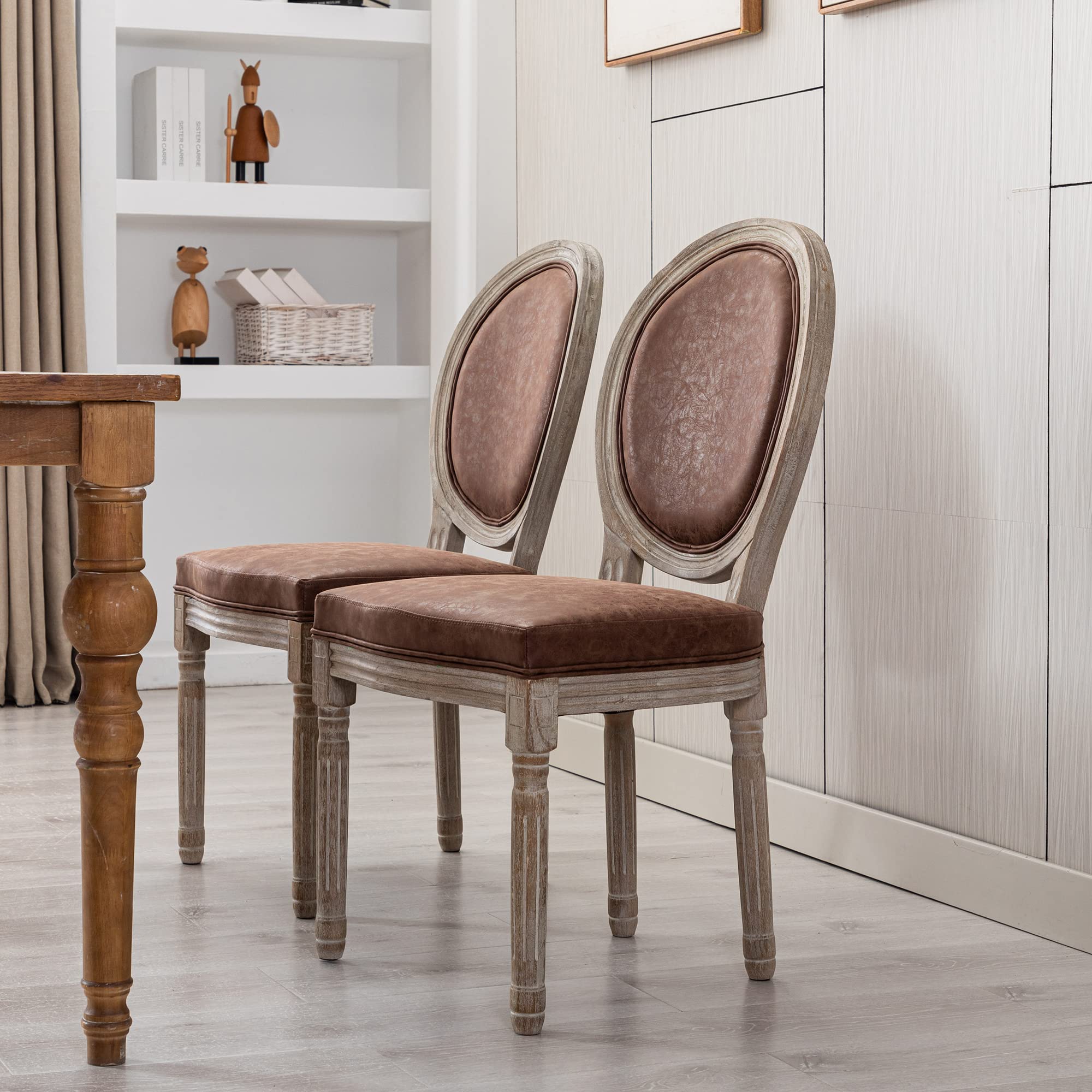 Farmhouse Style Leather Dining Chairs Set of 2 - French Country Round Back Bistro Chairs with Sturdy Wood Legs for Kitchen, Restaurant, Living Room & Dining Room - Perfect for Rustic Home Decor & Commercial Spaces (Brown)