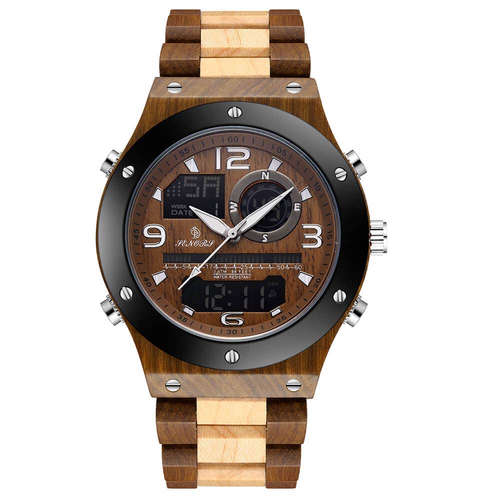 GORBEN Men's Wooden Watch - Digital & Analog Dual Display Quartz Wristwatch with Luminous Hands - Stylish Wood Grain Design for Outdoor, Business & Casual Wear