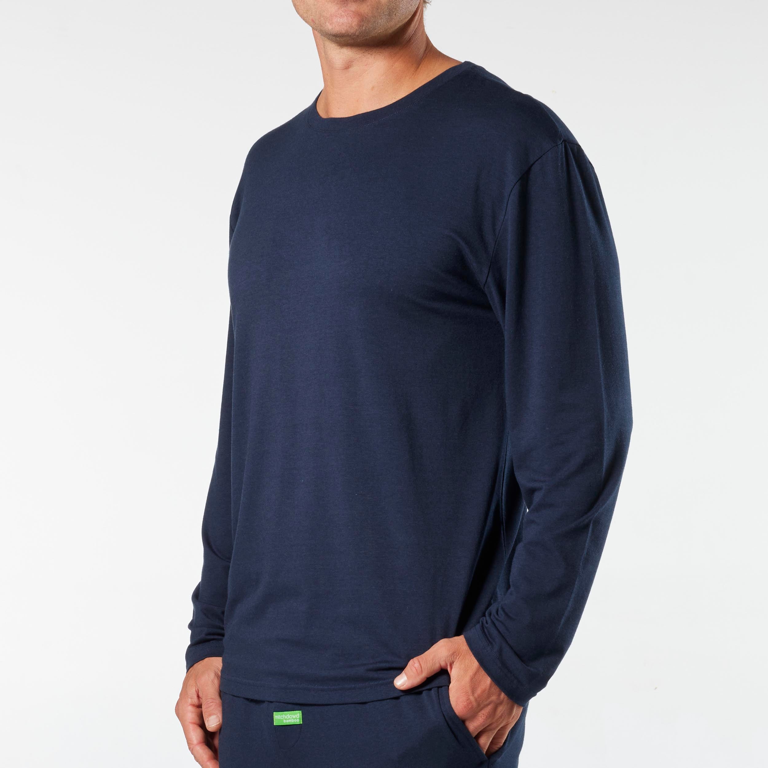 Men's Soft Bamboo Long Sleeve Sleep Tee - Breathable & Comfortable Pajama Top for Nightwear, Lounge Wear & Relaxation - Navy Blue