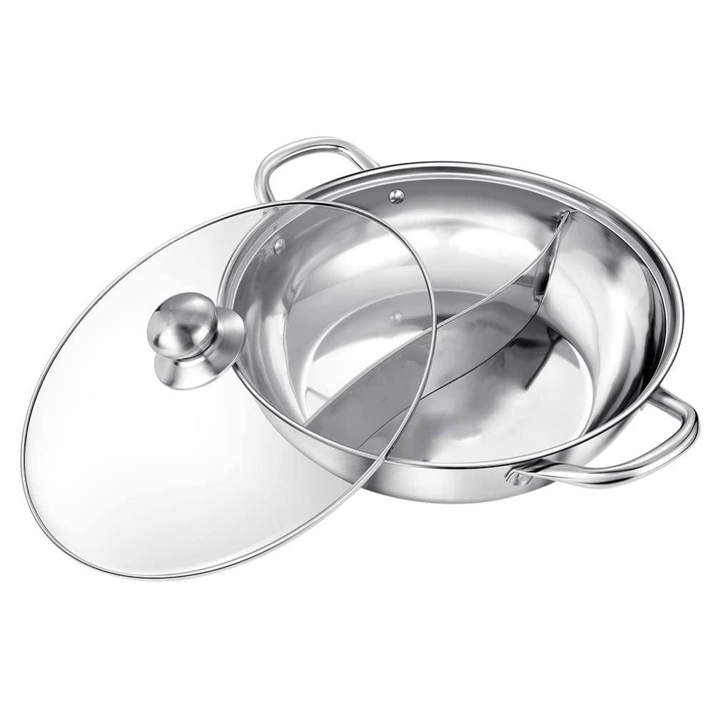 Stainless Steel Dual Flavor Hot Pot with Glass Lid - 2-in-1 Mandarin Duck Hot Pot for Soup, Shabu Shabu & Fondue - Kitchen Cookware with Handles for Home Dining & Party Serving