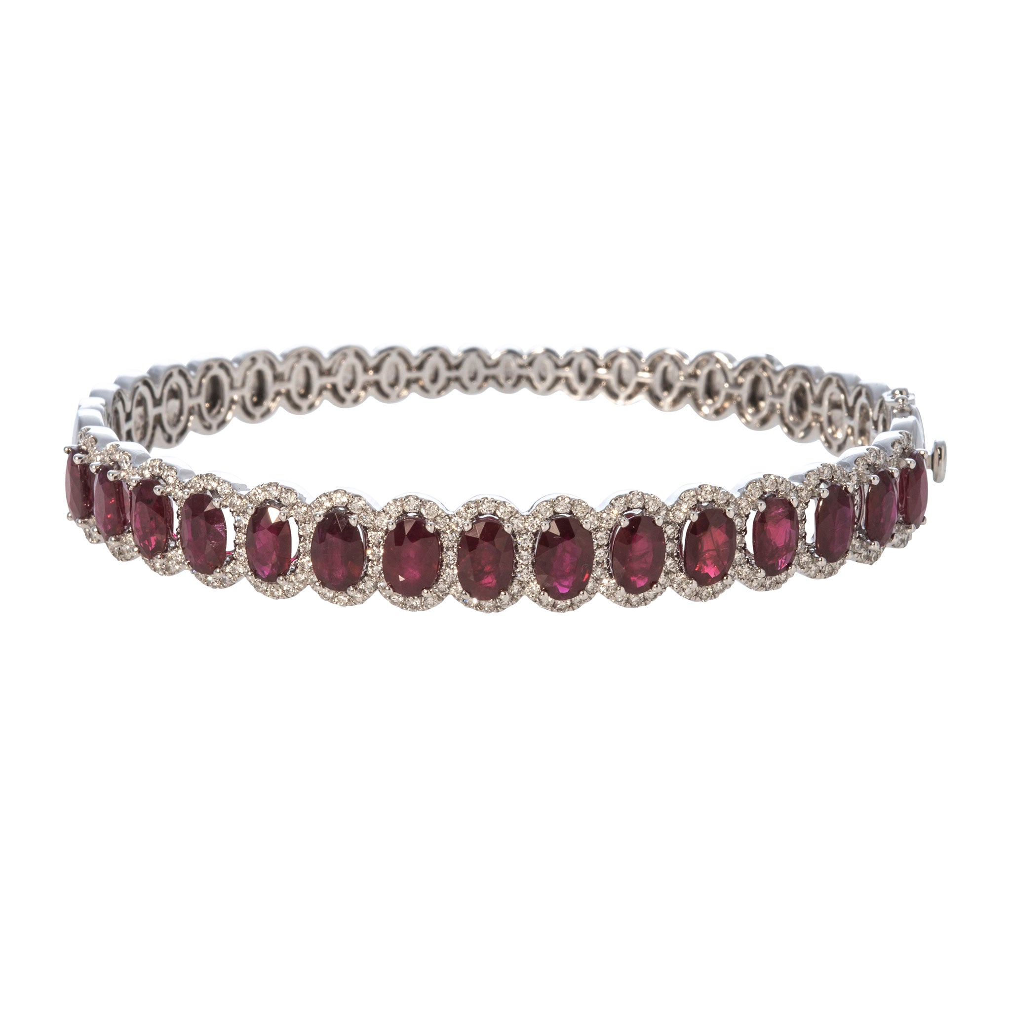 14K White Gold Oval Ruby & Diamond Halo Bangle Bracelet - Elegant Jewelry Gift for Women, Perfect for Weddings, Anniversaries & Special Occasions