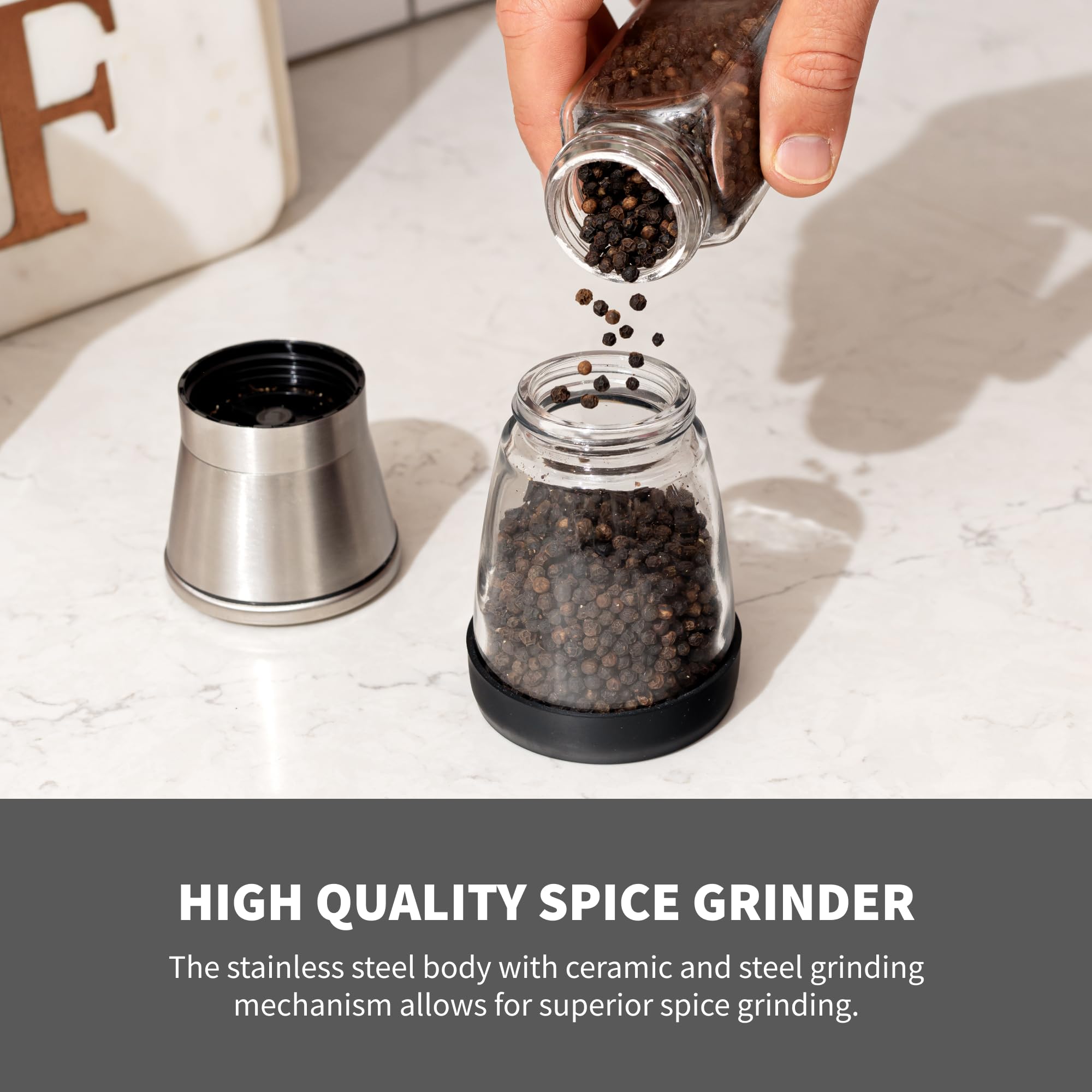 Premium Refillable Salt and Pepper Grinder Set - Stainless Steel & Glass Spice Mills with Non-Slip Silicone Base - Protects Countertops & Stove Shelves - 2-Piece Kitchen Essential for Cooking, Baking & Table Setting