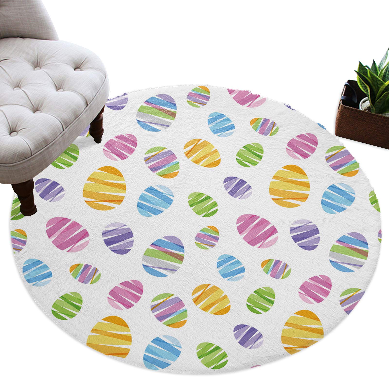 Kids Round Area Rug with Colorful Ribbon Easter Eggs Design - Soft Plush Shag Carpet for Nursery, Bedroom & Living Room - Non-Slip Floor Mat for Modern Home Decor (3.3ft Diameter) - Perfect for Playrooms, Easter Decorations and Cozy Spaces