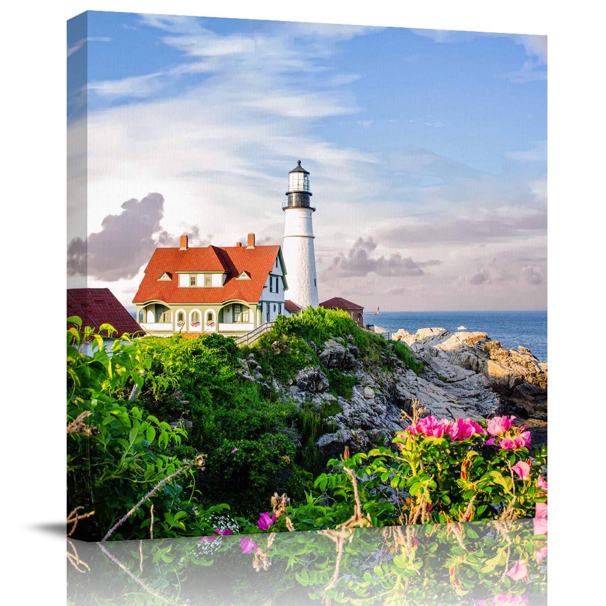 Summer Lighthouse Flower Beach Canvas Wall Art - 8x8in Aesthetic Painting for Bedroom, Living Room & Office Decor | Perfect for Coastal, Nautical & Boho Home Styling