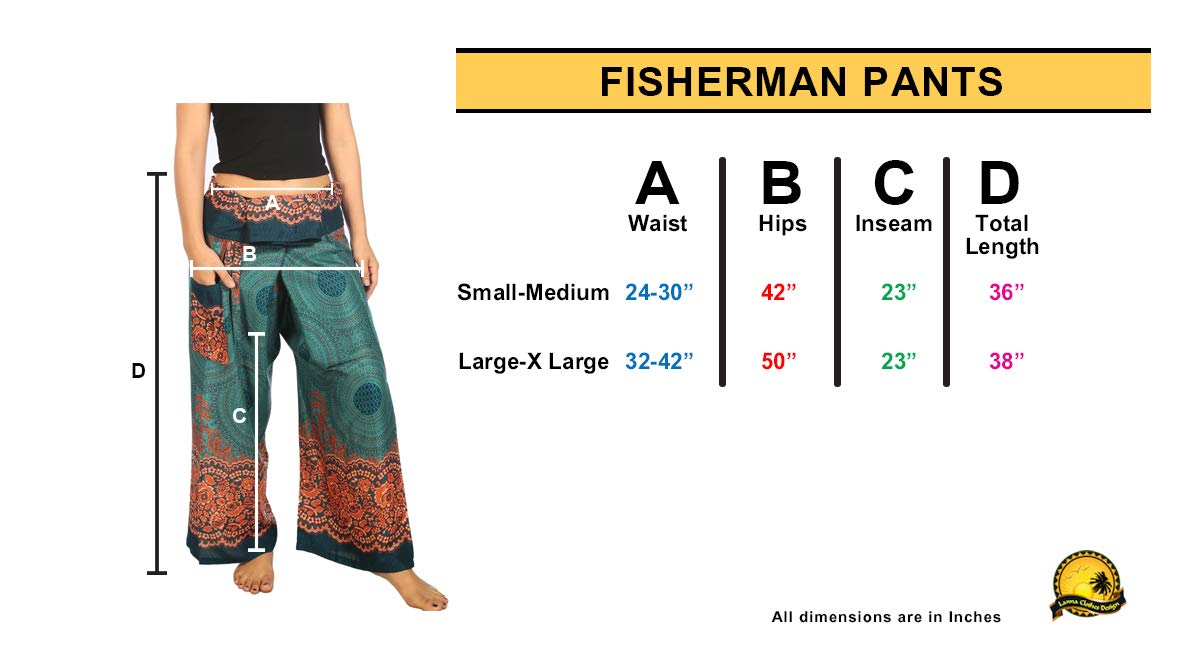 Lannaclothesdesign Women's Thai Fisherman Pants - Yoga Trousers Wide Leg Pants for Women - Comfortable Loose Fit Bohemian Style Pants for Yoga, Meditation, Beach & Summer Vacation