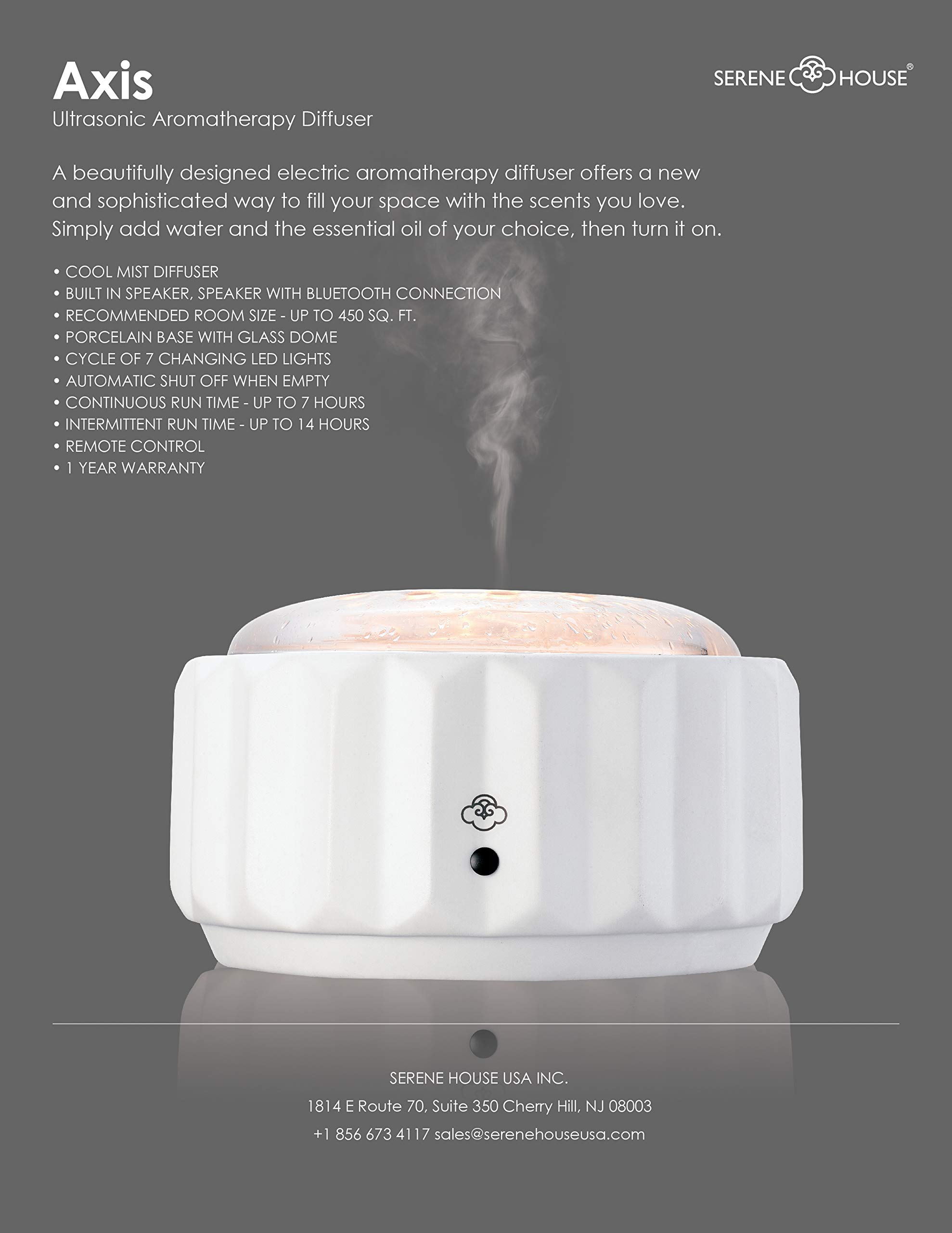 Serene House Axis White Aromatherapy Essential Oil Diffuser - Perfect for Home, Office, and Spa Relaxation
