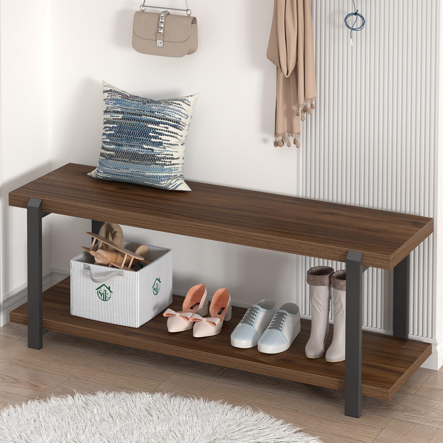 Modern FOLUBAN Entryway Bench with Shoe Storage - 47 Inch Rustic Walnut Wood & Metal Hallway Bench for Bedroom, Living Room, Front Door - Industrial Style End of Bed Bench for Home Organization & Decor