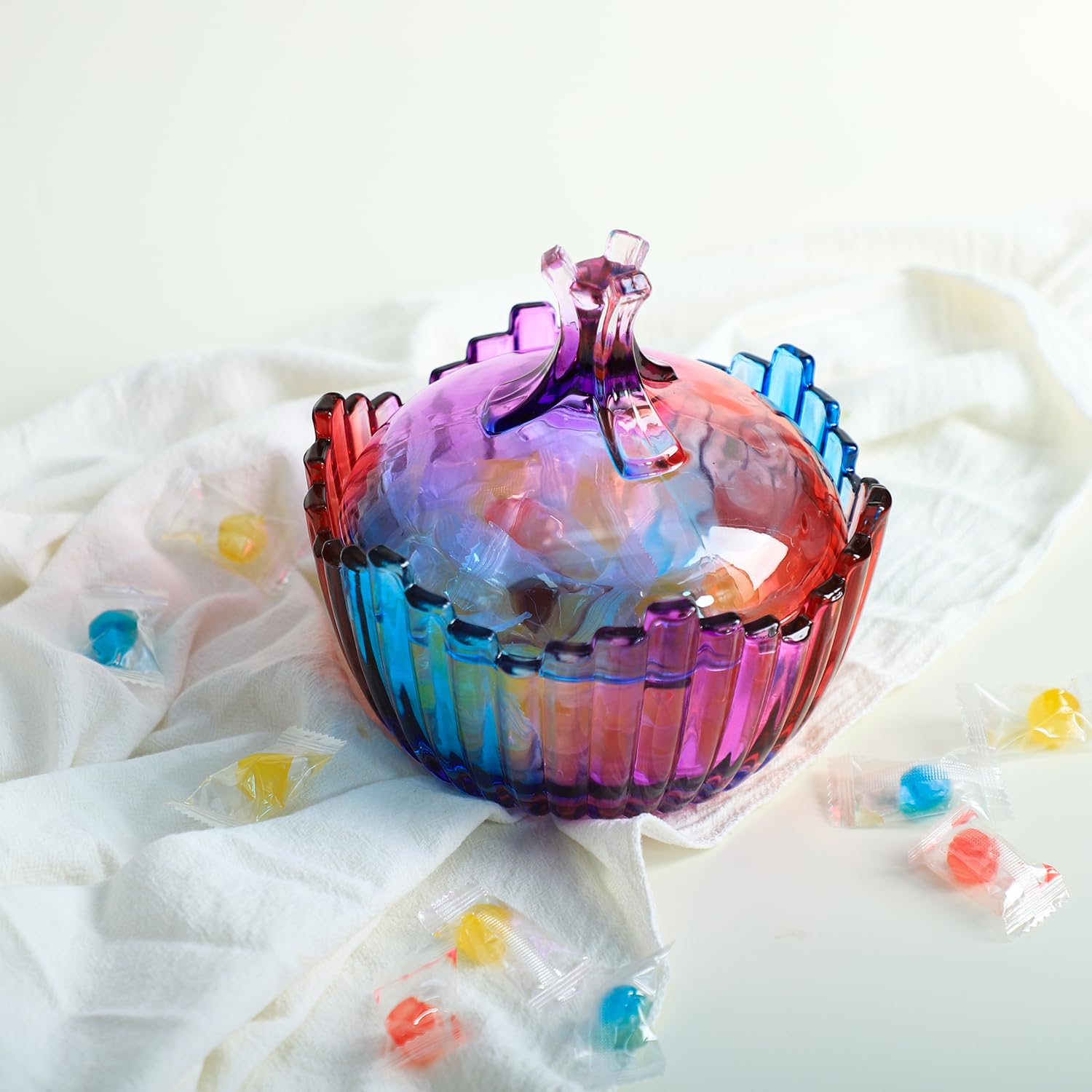 Royal Large Glass Candy Dish with Lid - Purple Rainbow Clear Apothecary Jar for Wedding Candy Buffet, Party Treats & Home Decor (27oz) | Perfect for Candy Storage, Dessert Display & Gift Giving