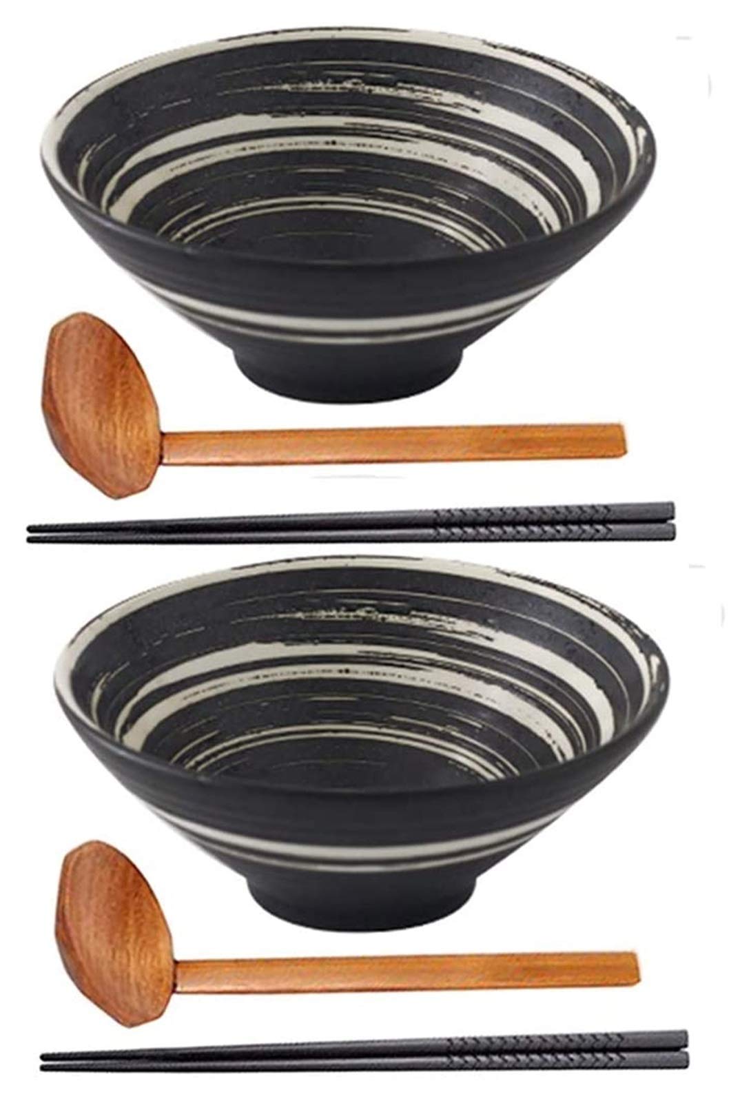 Japanese Ceramic Ramen Bowls Set with Matching Spoon & Chopsticks - Creative Soup Noodles Bowl for Kitchen & Dining - Perfect for Ramen, Udon, Pho and Asian Noodle Dishes